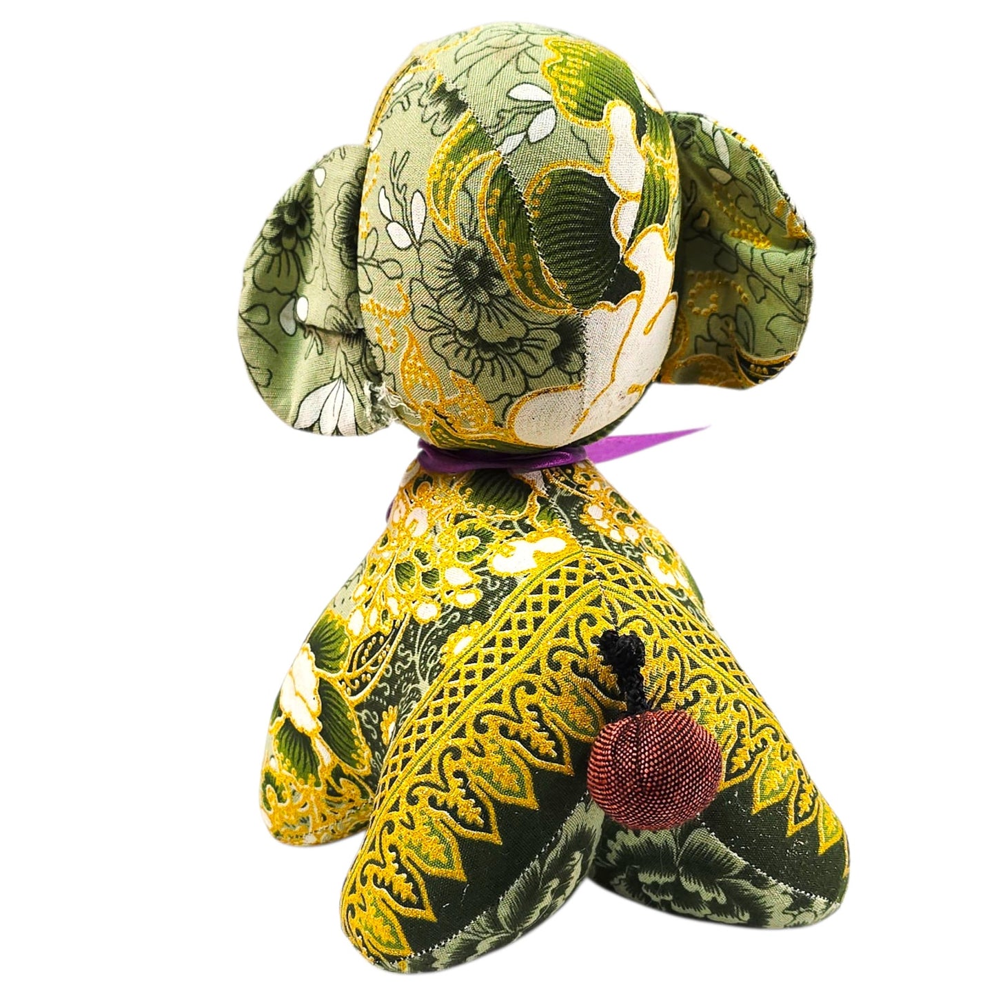 Thai Elephant Doll Handmade Stuffed Toy Green & Yellow Fabric Purple Ribbon