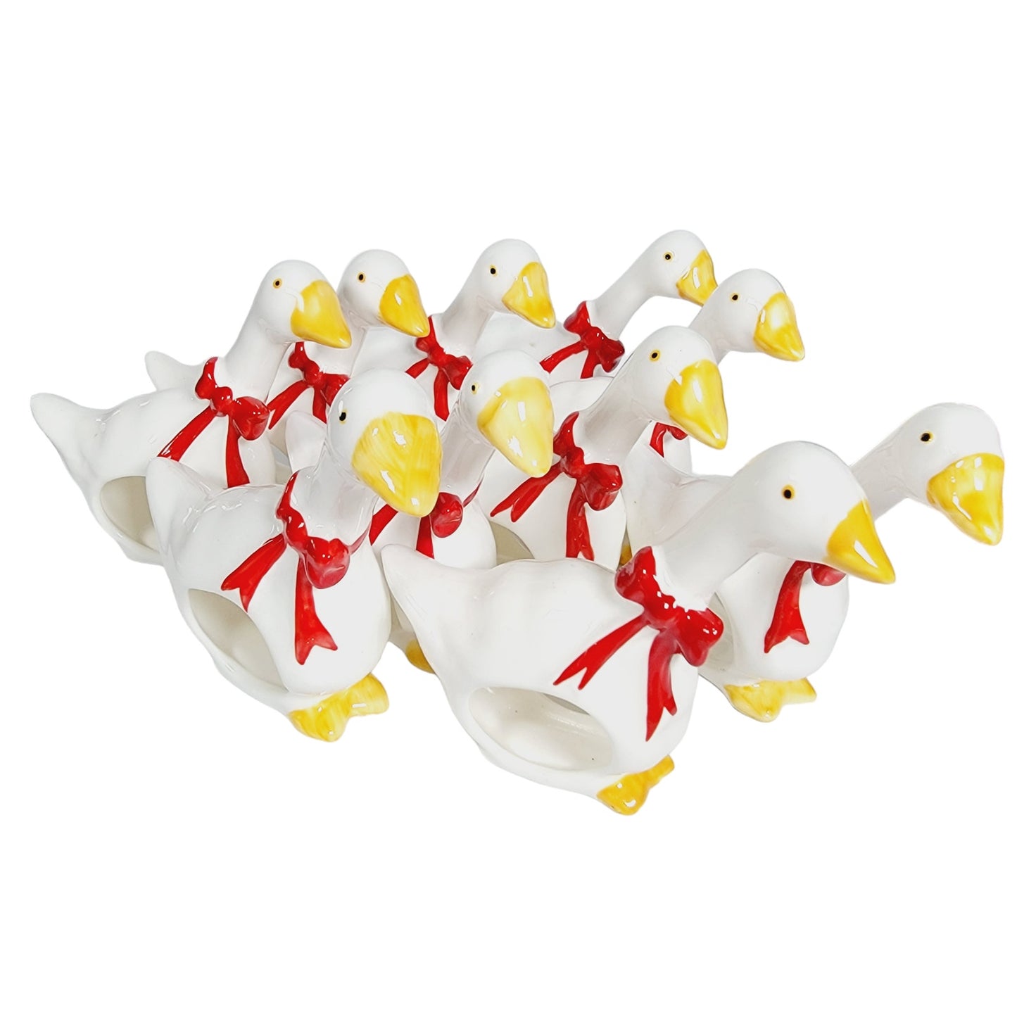 Set of 10 Vintage Geese Napkin Rings Holders, Red Ribbon Goose, Cottage Core