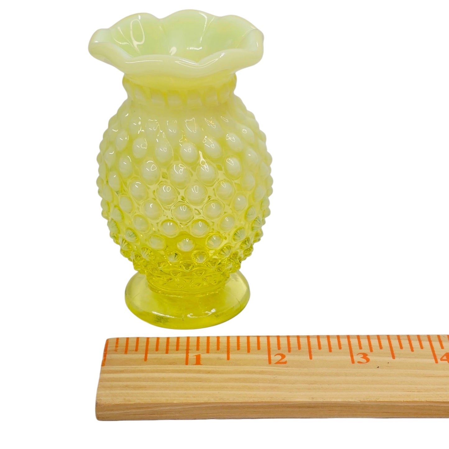 Vtg Fenton Vaseline Opalescent Hobnail Vase 3.75" Topaz Uranium Glass Glows UV