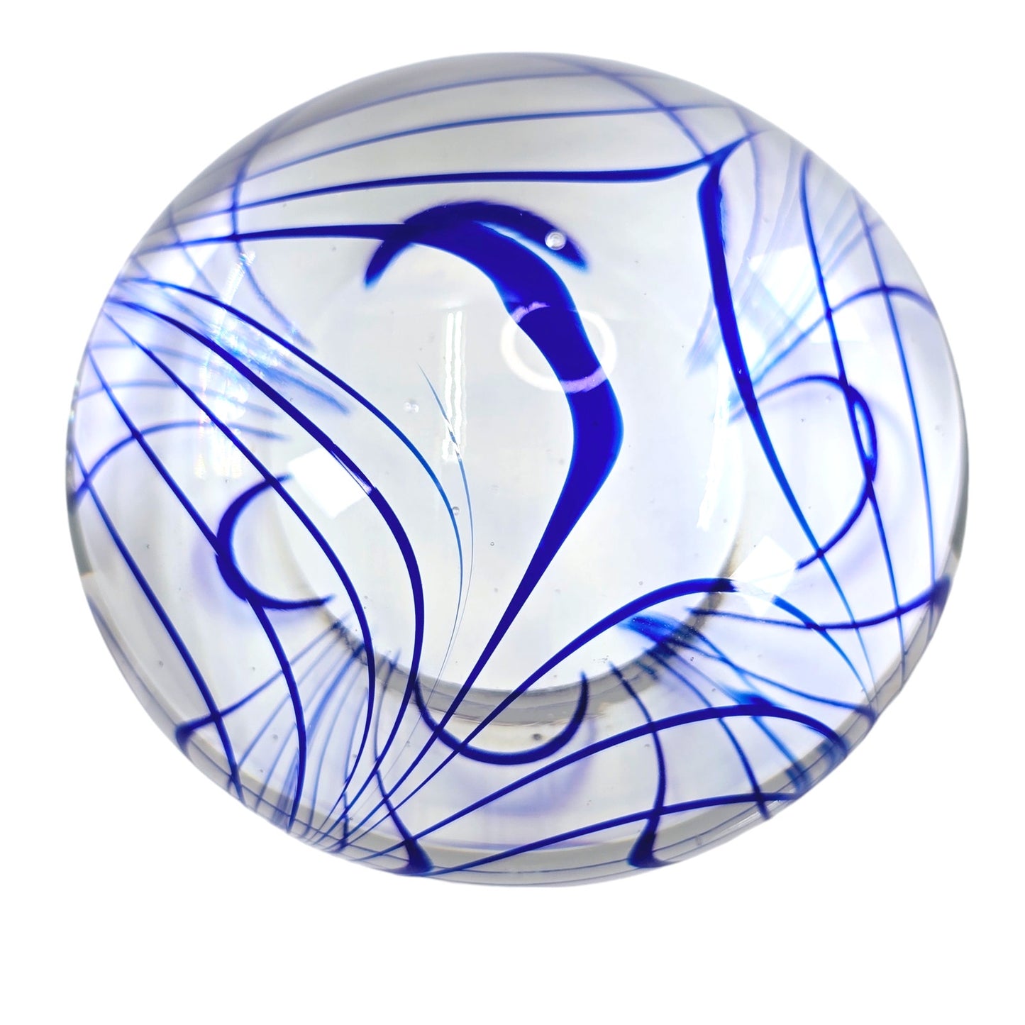 Hand-Blown Art Glass Paperweight, Cobalt Blue Swirl Design, 3" D x 1.25" H