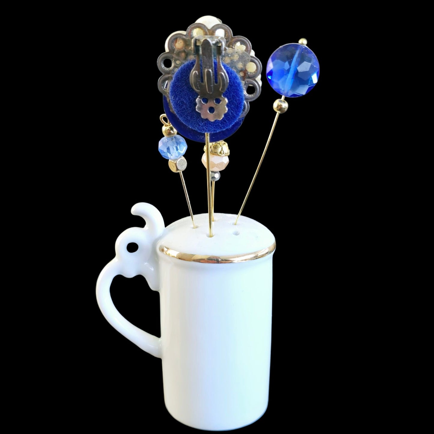 Vintage "Grandma's Earring" Cobalt Petite Beauty Salt Shaker Hat Pin Display