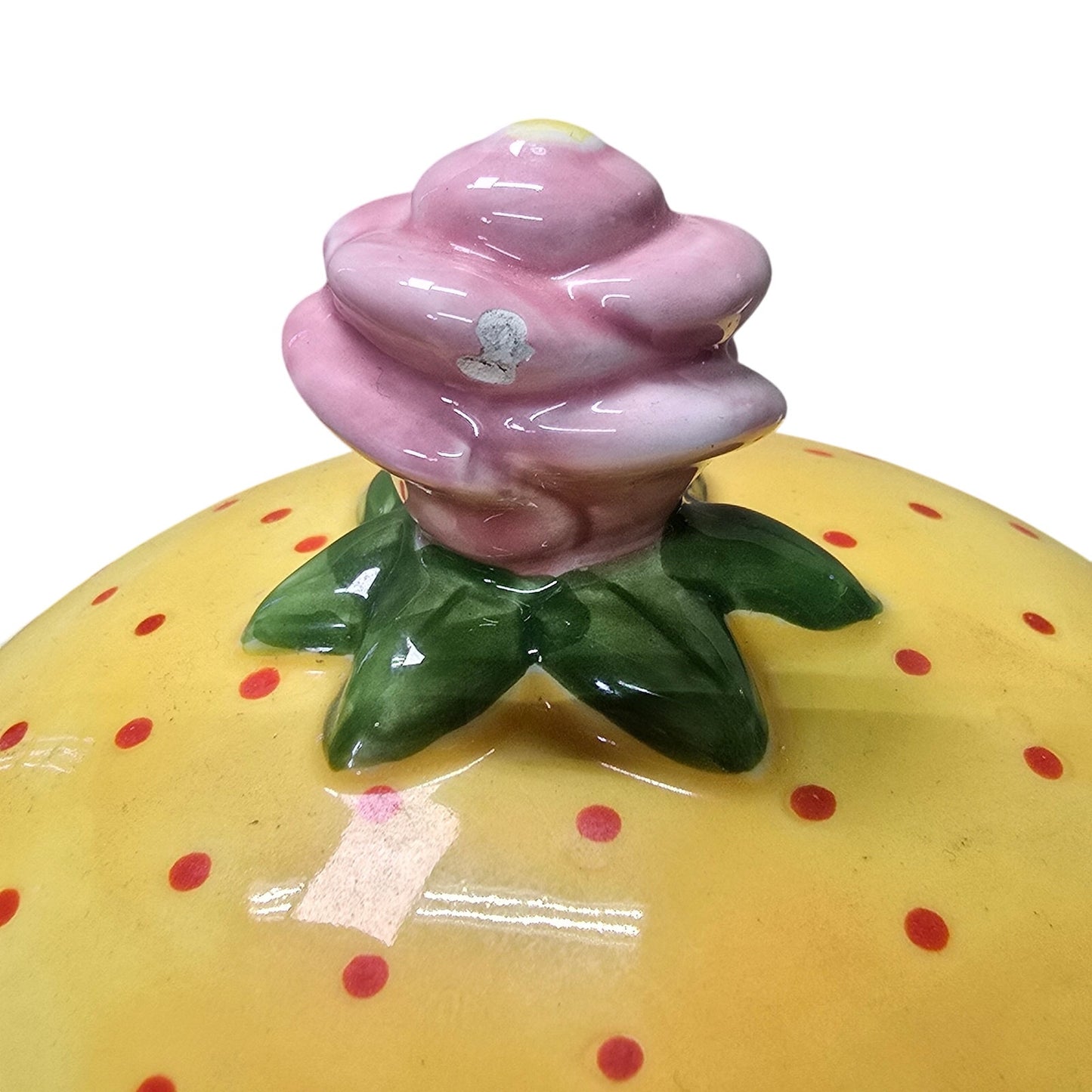 AS IS VTG 1997 ME Mary Engelbreit Ceramic Teapot, Yellow Pink Flower 8”, Flaw