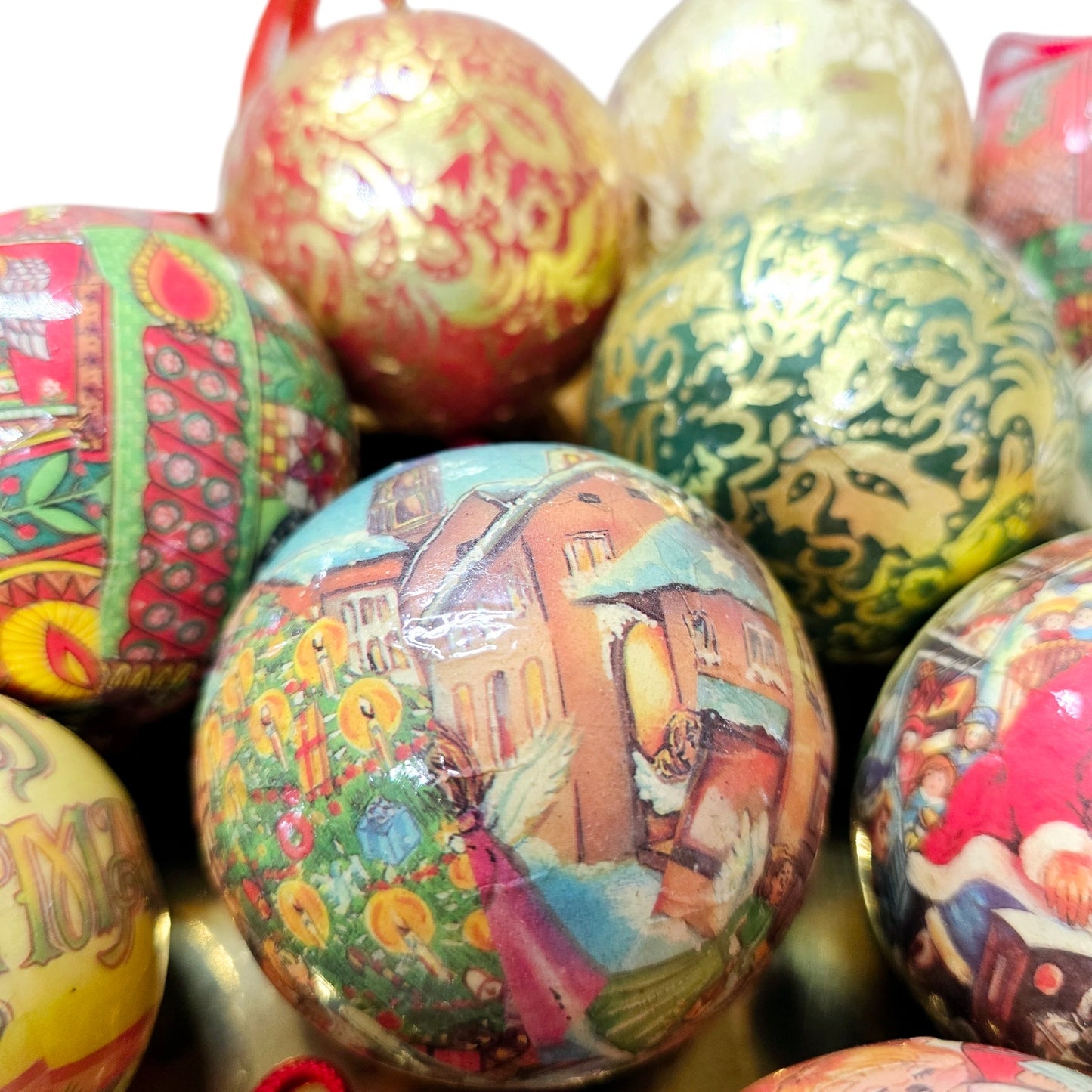 Lot of 16 Vintage Decoupage Paper Mache Christmas Ball Ornaments