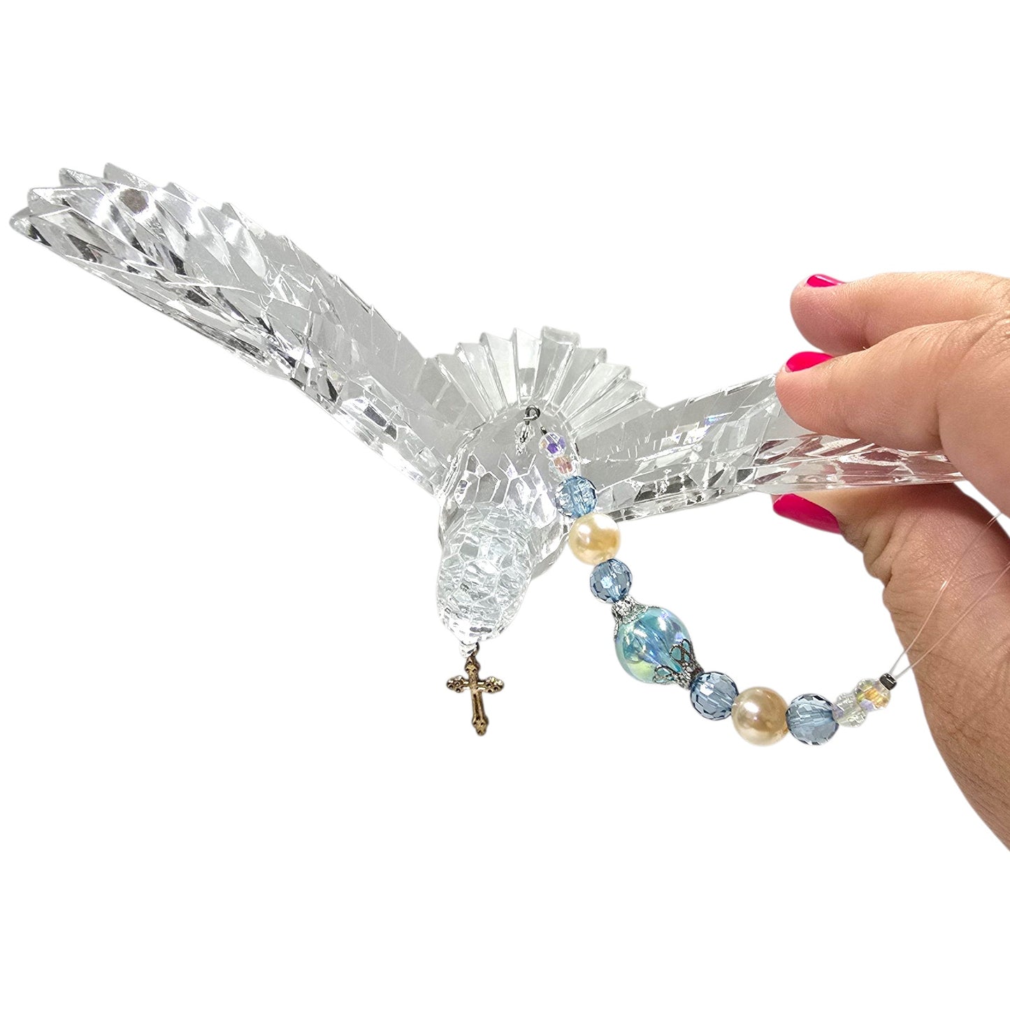 Acrylic Hanging Dove Carrying a Cross with Sparkly Beads, Christian Gift Hanging