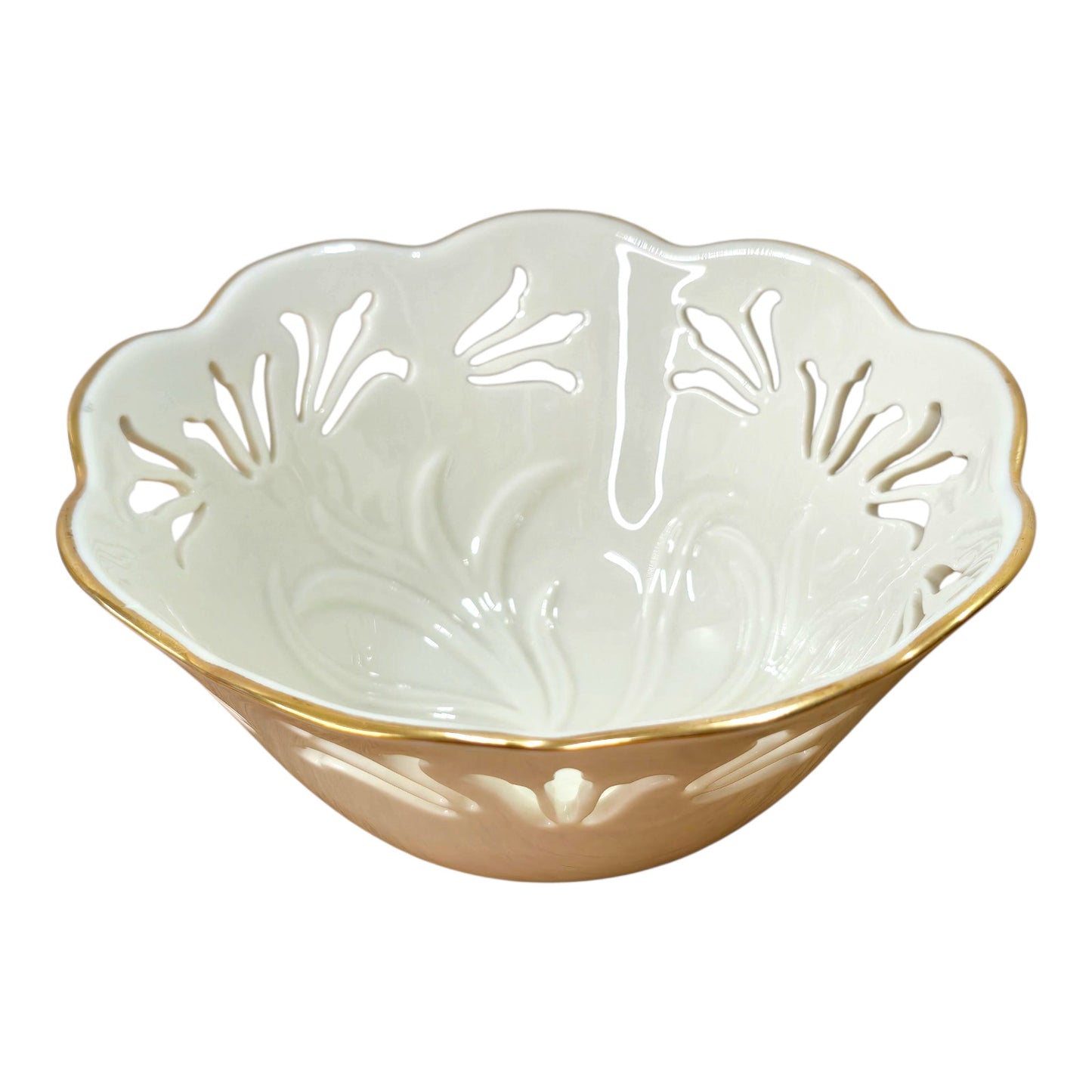 Lenox Ivory China Pierced Lace Bowl Gold Trim Scalloped Rim 6" Decorative