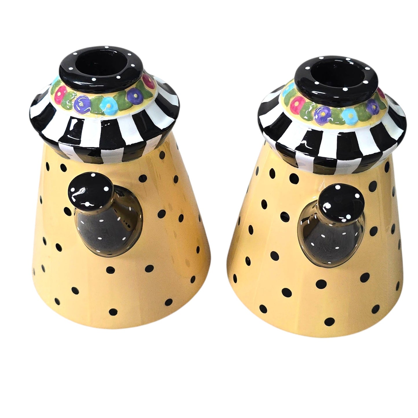 VTG 1998 Mary Engelbreit Yellow & Black Polk-A-Dot Teapot Candle Holders