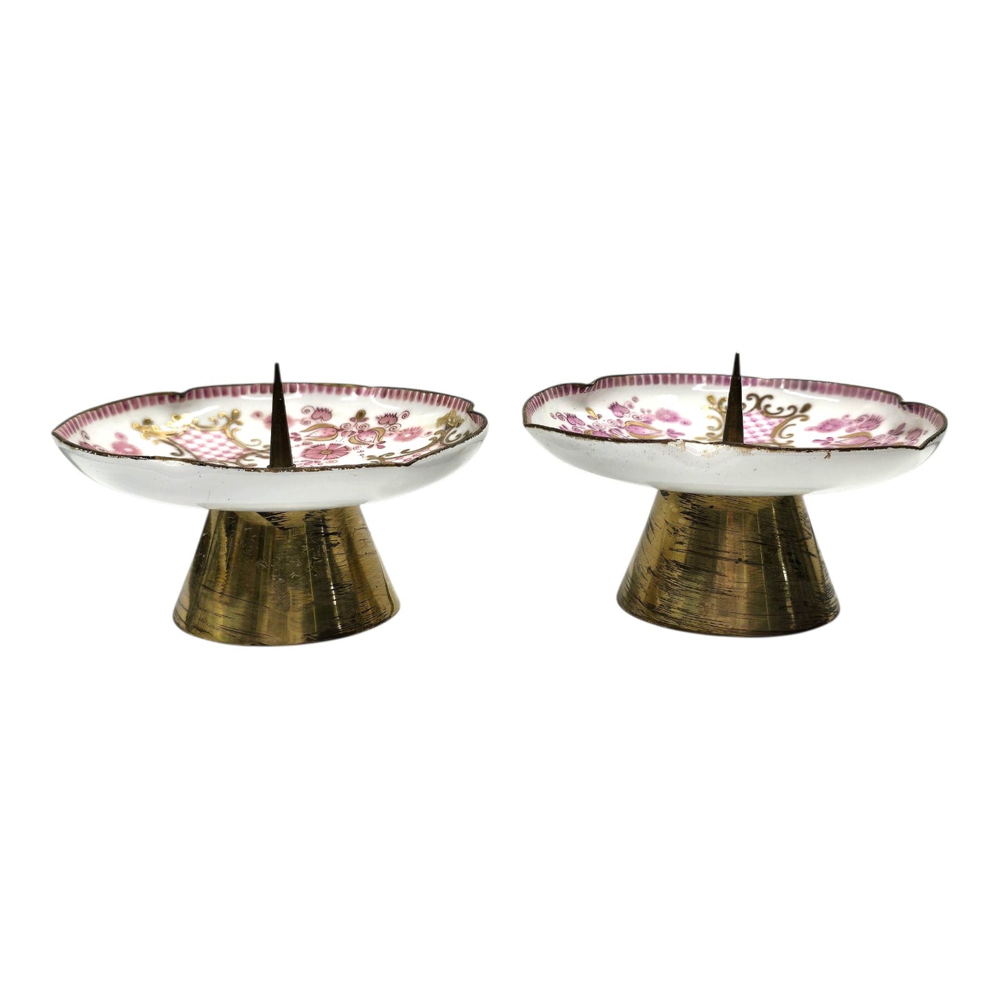 Pair Vintage Austrian Footed Porcelain Spike Candle Dishes Pink & Gold Floral Austria