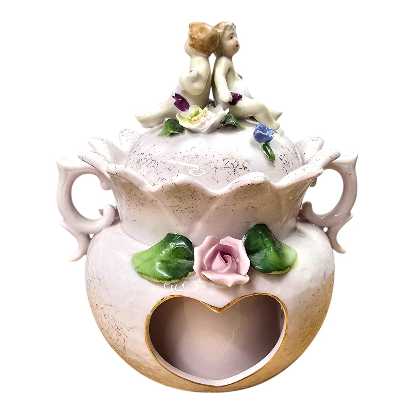 Vintage Capodimonte Style Porcelain Jar Cherub Lid Floral Applied Flowers Pink