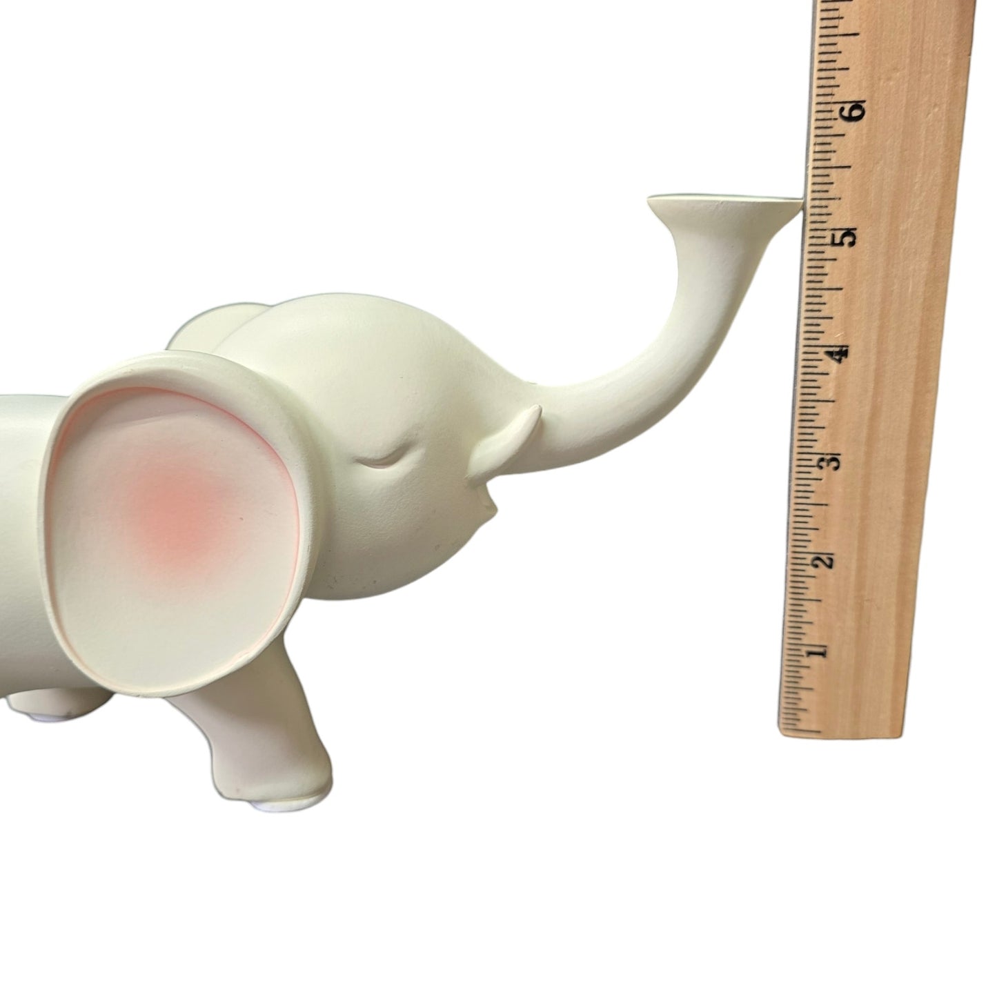 Smooth Satin Ceramic Elephant Figurine, Trunk Up White and Pink Elephant