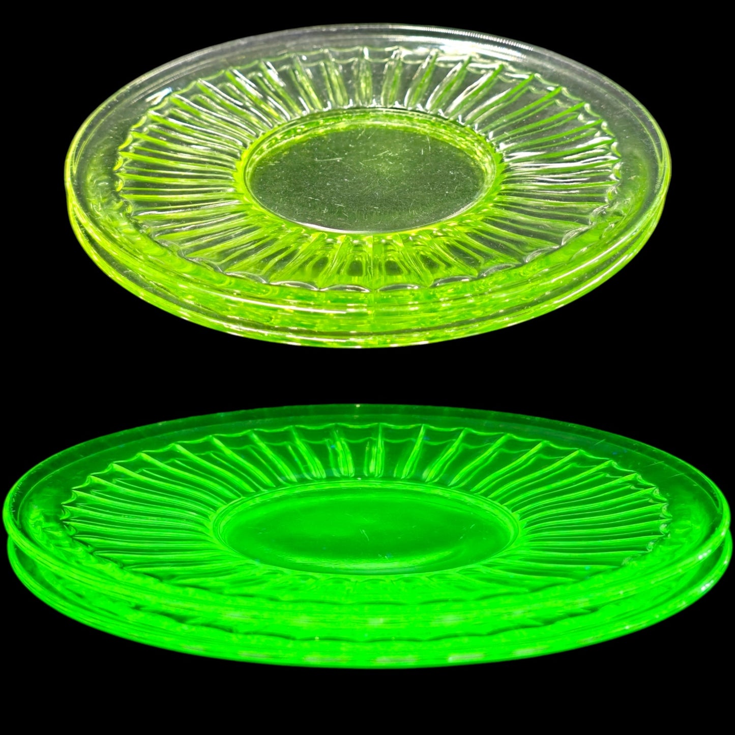 Set of 2 Vintage Uranium Glass Dessert Plates Optic Green 6"