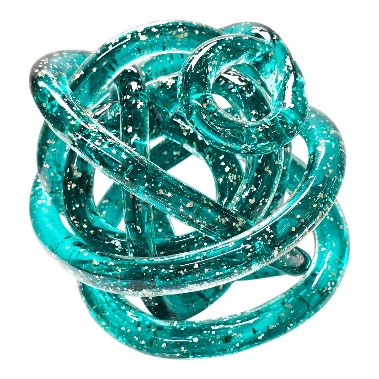 Handblown Art Glass Infinity Knot, Teal with Silver Flecks