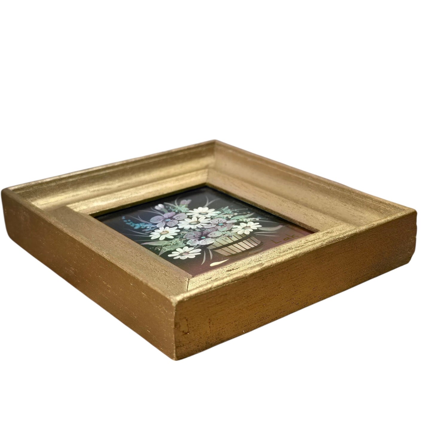 Vtg Miniature Floral Still Life Painting by Lak Gold Wood Frame Daisy & Violets
