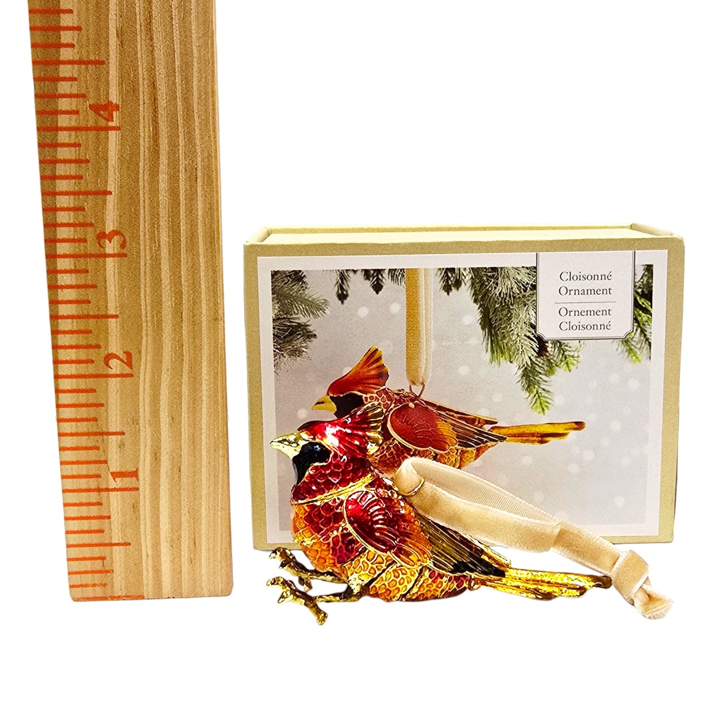 Vtg Pier 1 Cloisonné Cardinal Bird Ornament Red Gold Enamel Holiday Boxed
