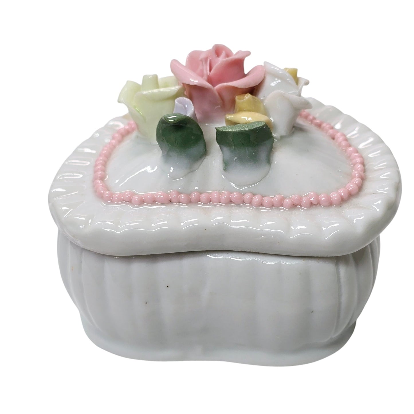 AS IS Vintage Heart Shaped Porcelain Trinket Box Ring Holder with Roses Accents