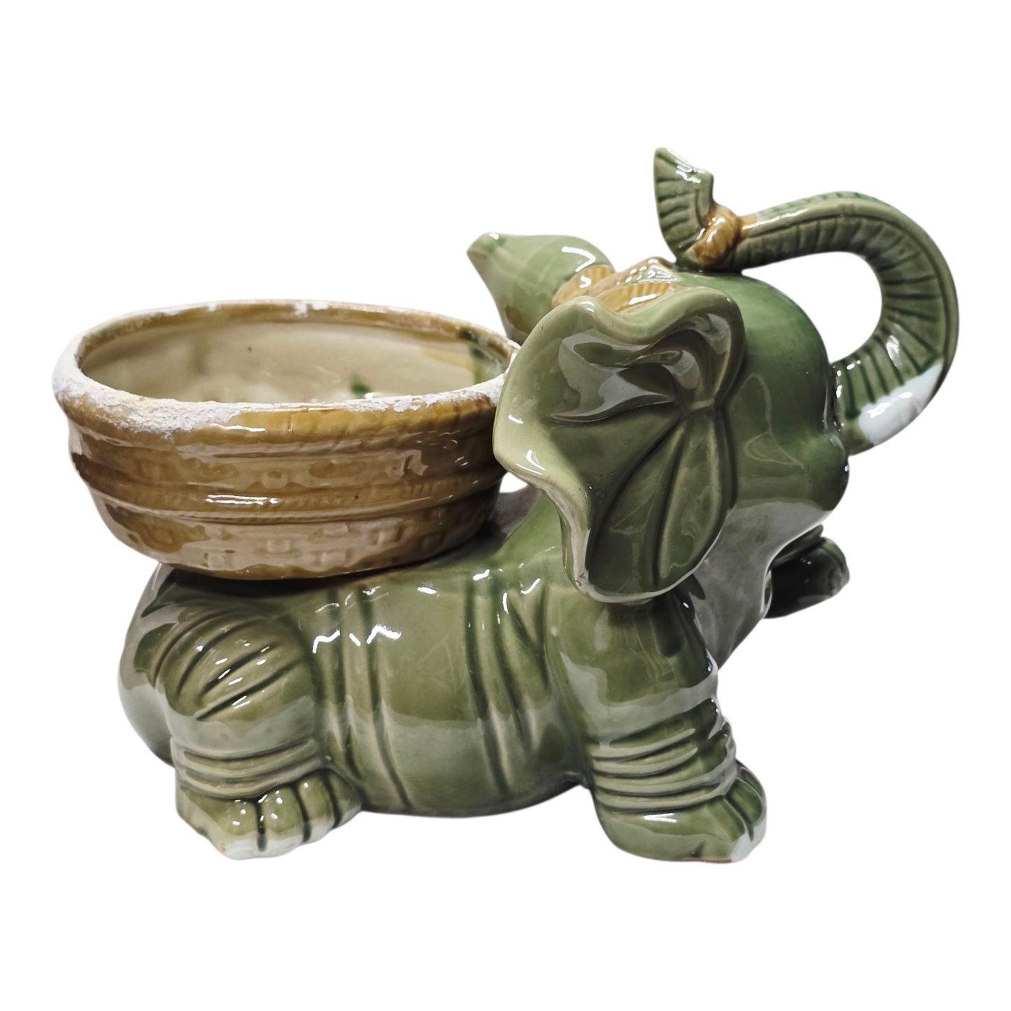 (Reserved for Customer) Large Vtg Green Ceramic Elephant Planter Raised Trunk Pink Bow 11" Japan