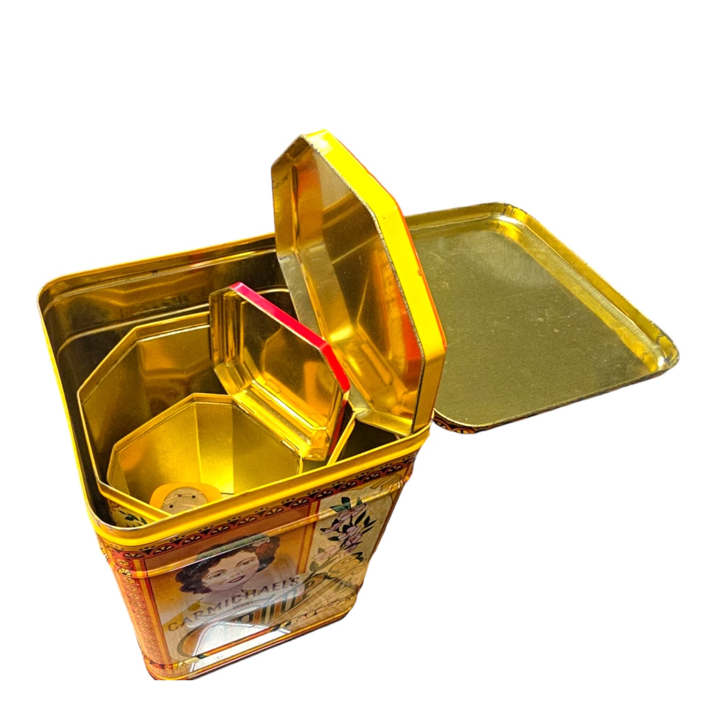 4 pc Vintage Nesting Tin Cannisters, Carmichael's Chips, Hague's Pretzels, Radford's Roasted Nuts and Radford's Spice Jar