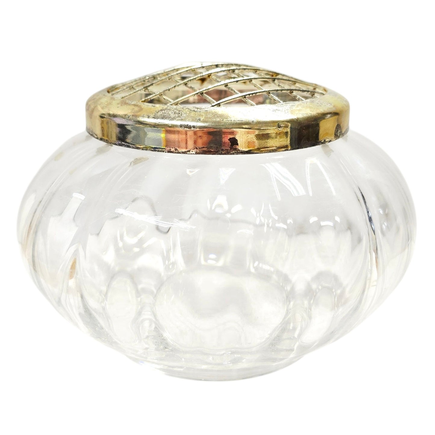 Vintage Pressed Glass Flower Frog Bowl, Rib Optic Pattern with Metal Grid Insert