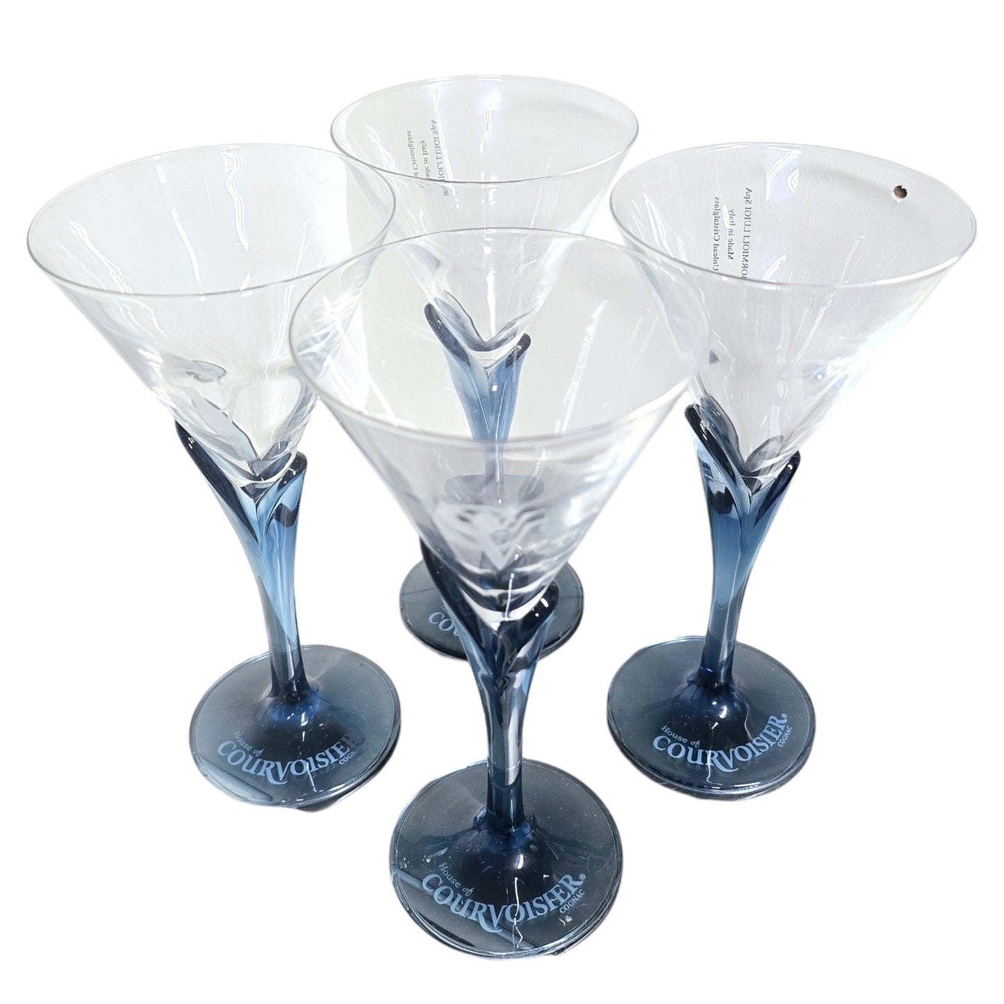 Set of 4 Bormioli Luigi Italy CV House of Courvoisier Blue Petal Crystal Stemware Cognac