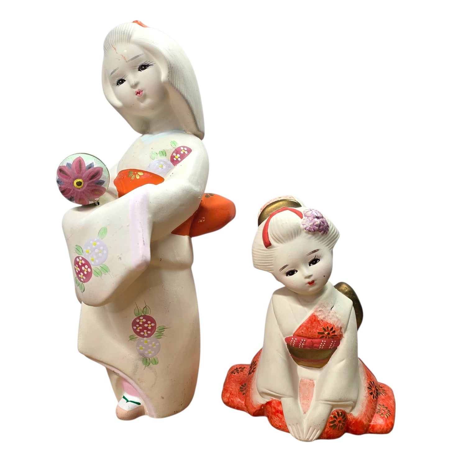 Vintage Japanese Geisha Figurines Pair Hand Painted Kimono Girls Made in Japan