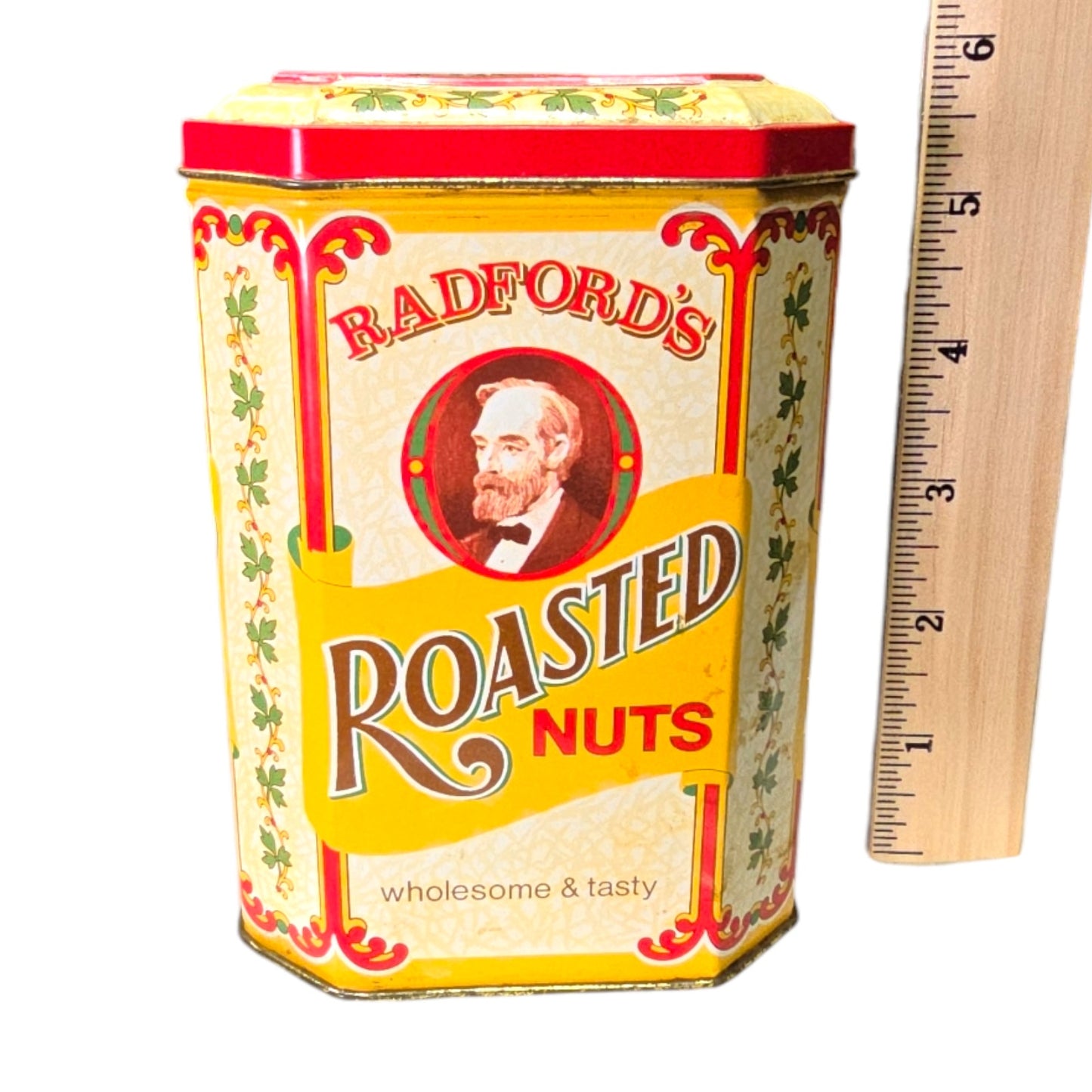 4 pc Vintage Nesting Tin Cannisters, Carmichael's Chips, Hague's Pretzels, Radford's Roasted Nuts and Radford's Spice Jar