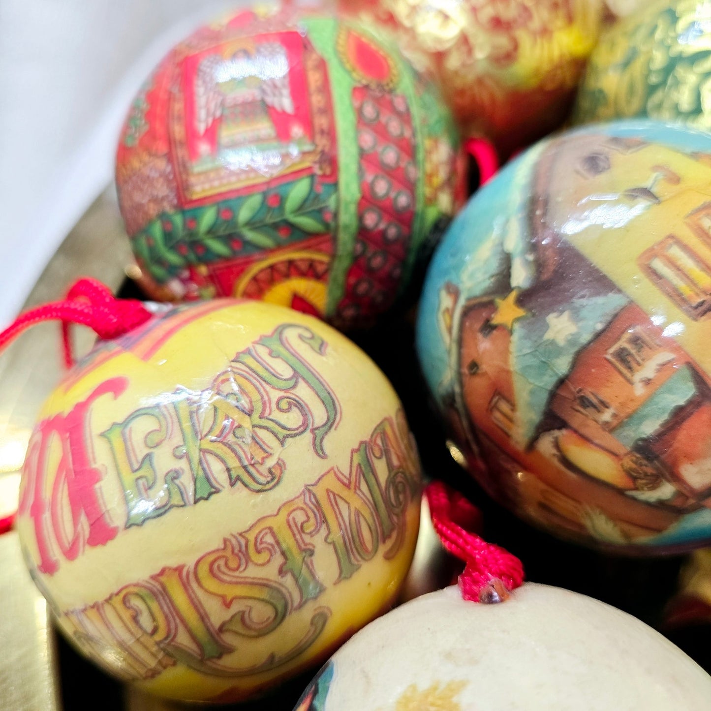 Lot of 16 Vintage Decoupage Paper Mache Christmas Ball Ornaments
