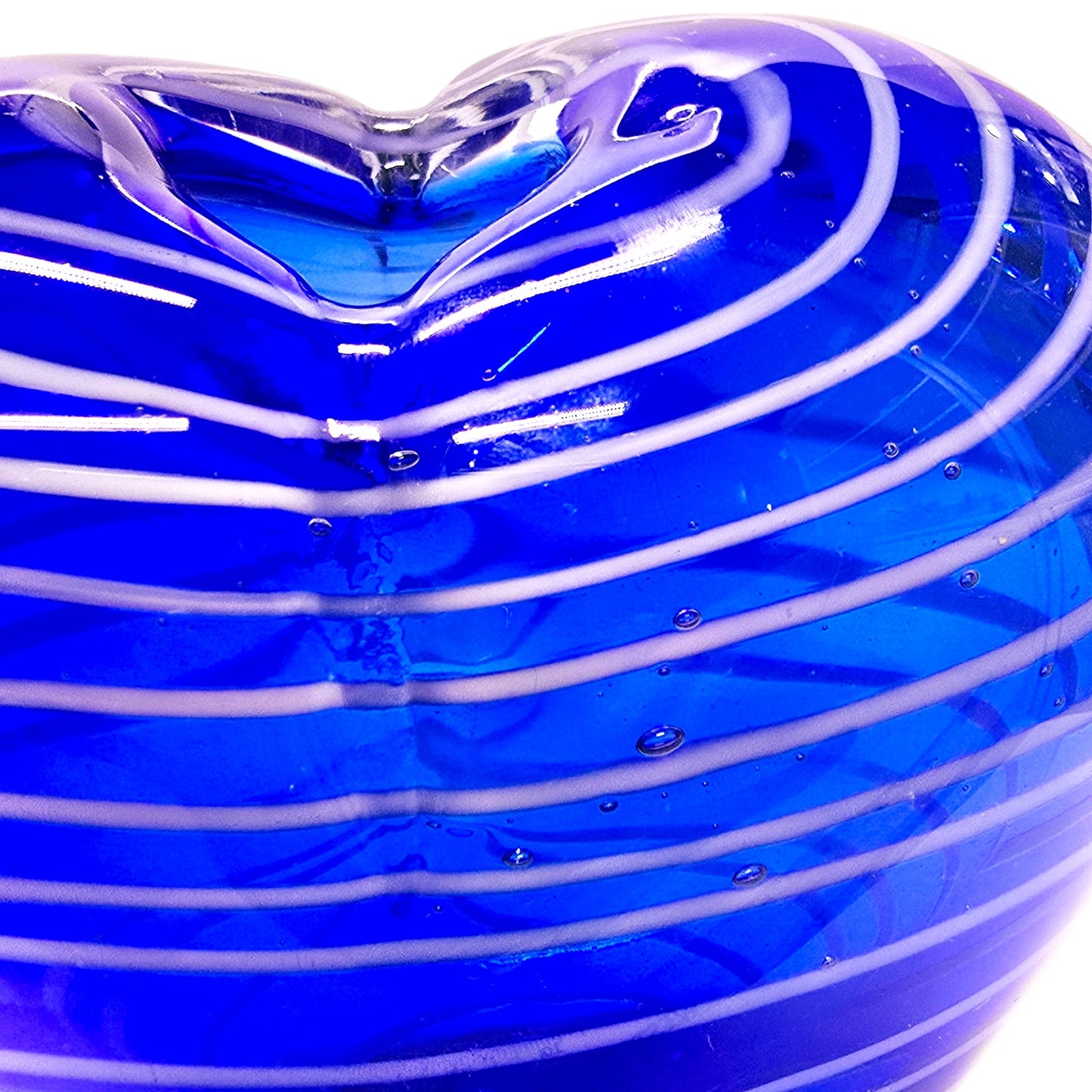 Hand Blown Art Glass Heart Shaped Vase with Blue White Stripes