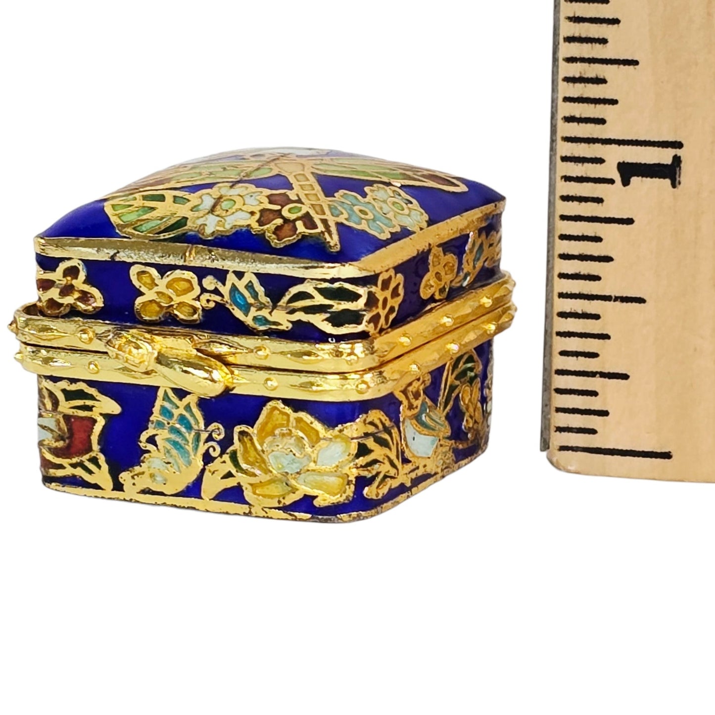 Vintage Cloisonne Trinket Box, Dragonfly & Floral Design