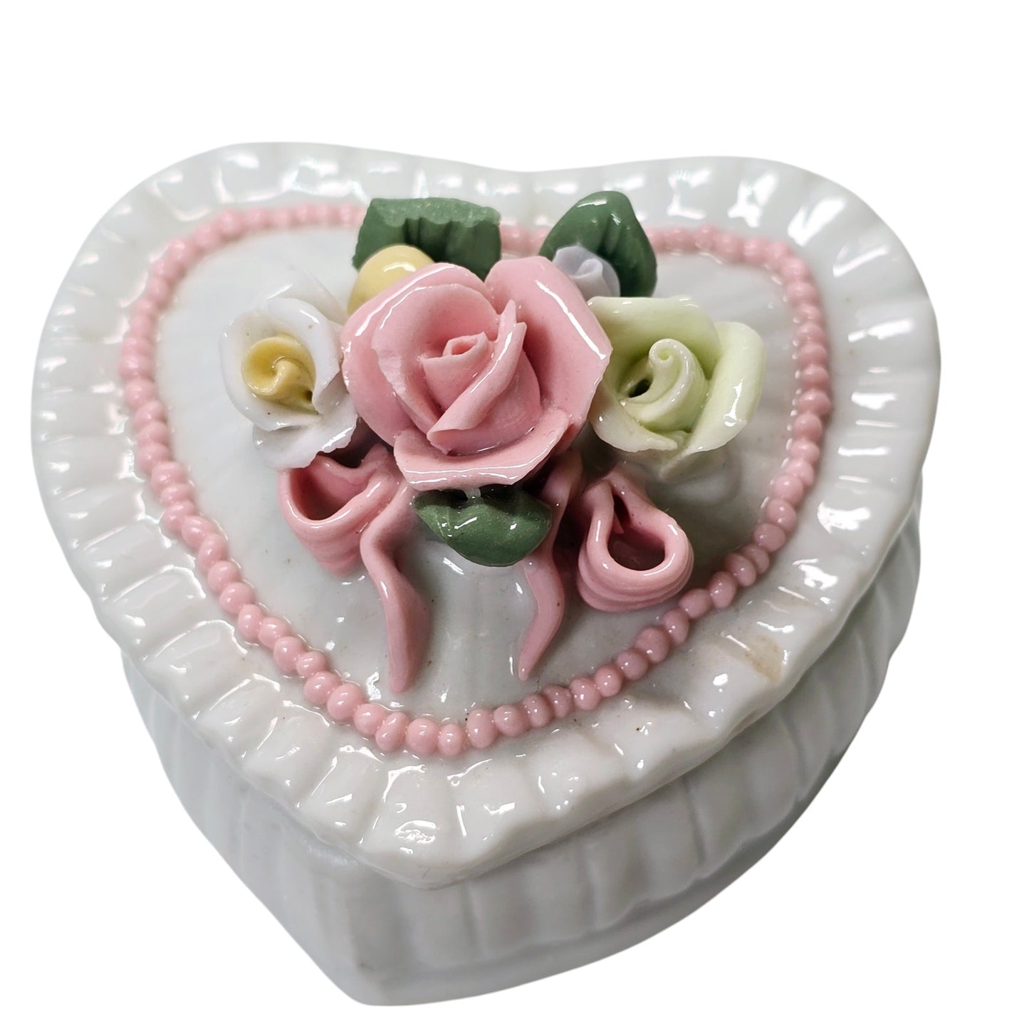 AS IS Vintage Heart Shaped Porcelain Trinket Box Ring Holder with Roses Accents