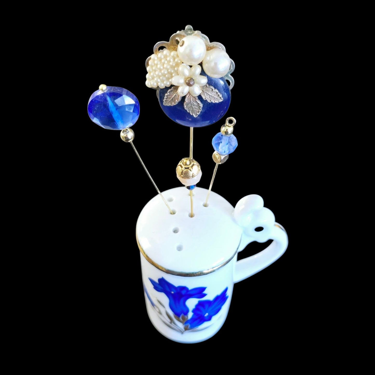Vintage "Grandma's Earring" Cobalt Petite Beauty Salt Shaker Hat Pin Display