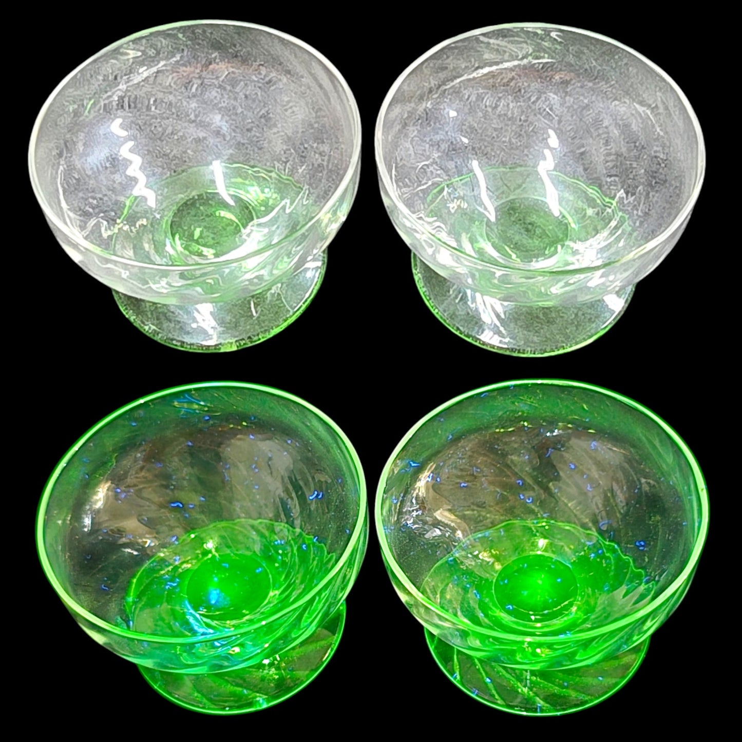 Vtg Uranium Glass Open Salts, 1.5" H, Optic Green Glass Pedestal Mini Glass Cups