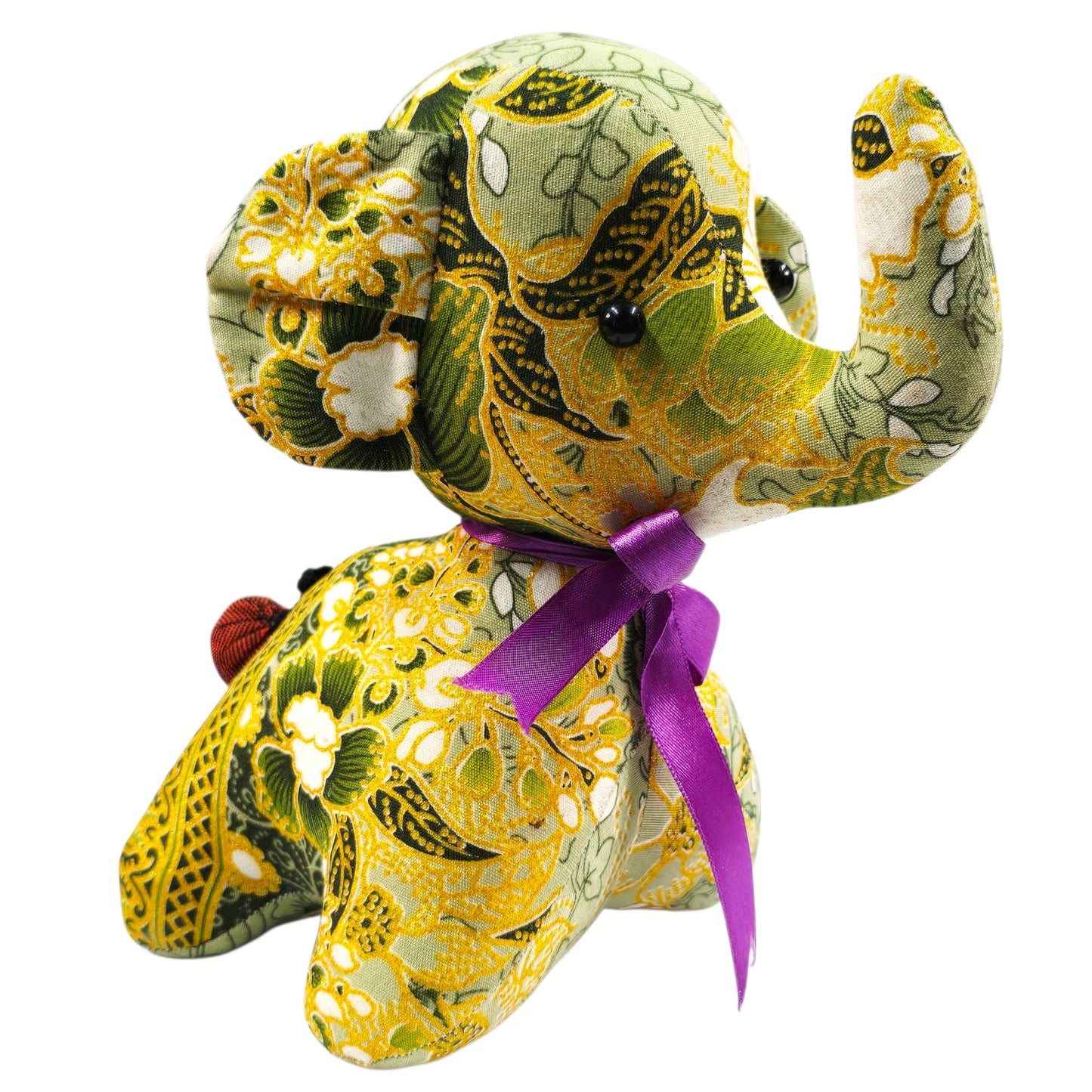 Thai Elephant Doll Handmade Stuffed Toy Green & Yellow Fabric Purple Ribbon