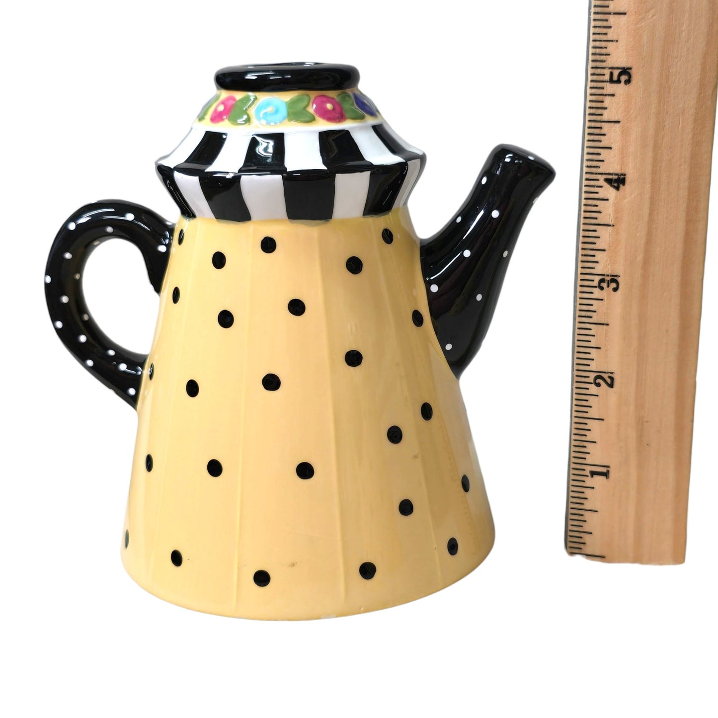 VTG 1998 Mary Engelbreit Yellow & Black Polk-A-Dot Teapot Candle Holders