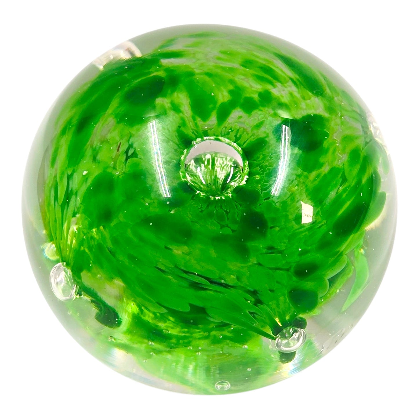 Hand-Blown Art Glass Paperweight, Green Flower Swirl AS IS Imperfection