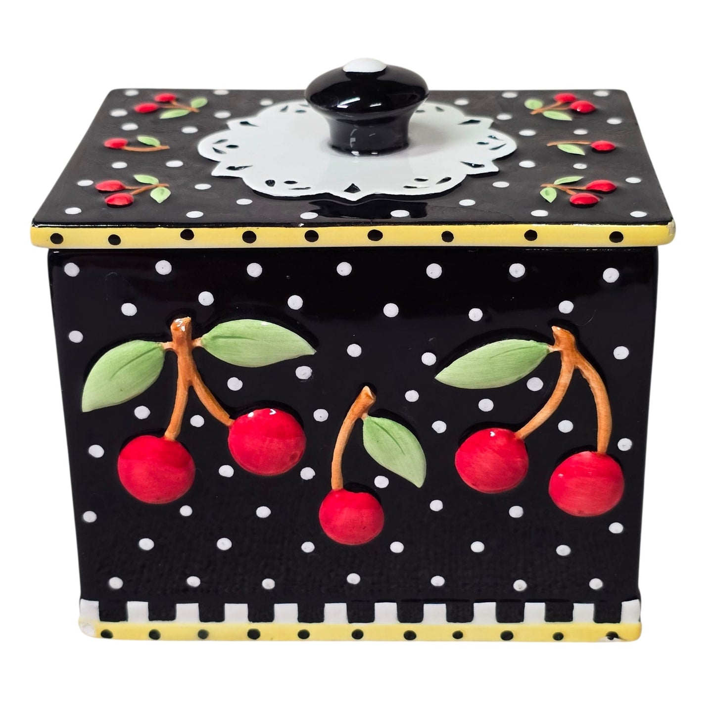 Vintage 2002 Rare Mary Engelbreit Small Cherries Ceramic Candy Box With Nob Top