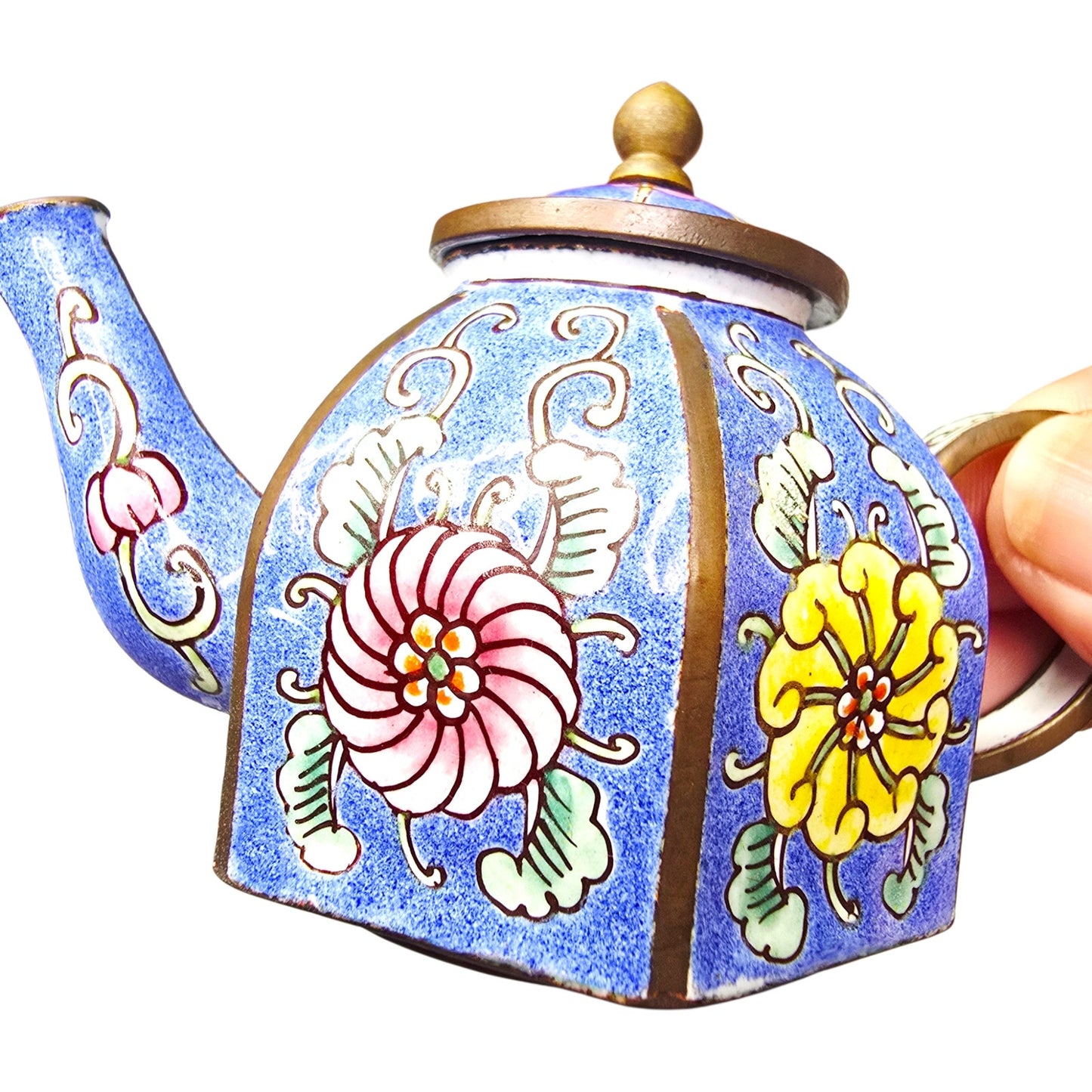 Vintage Miniature Cloisonné Enamel Teapot with Wooden Box - Lined Keepsake Set