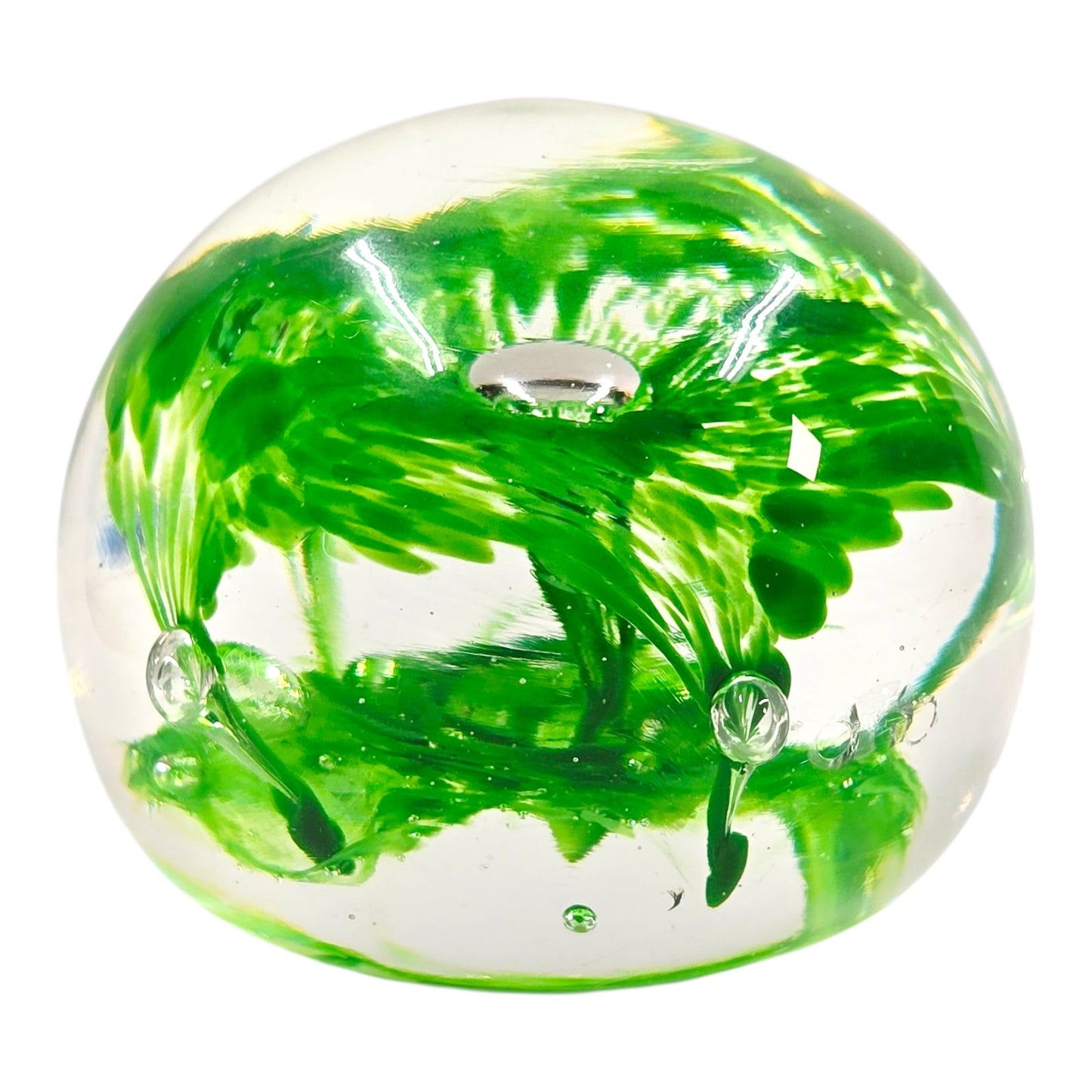 Hand-Blown Art Glass Paperweight, Green Flower Swirl AS IS Imperfection