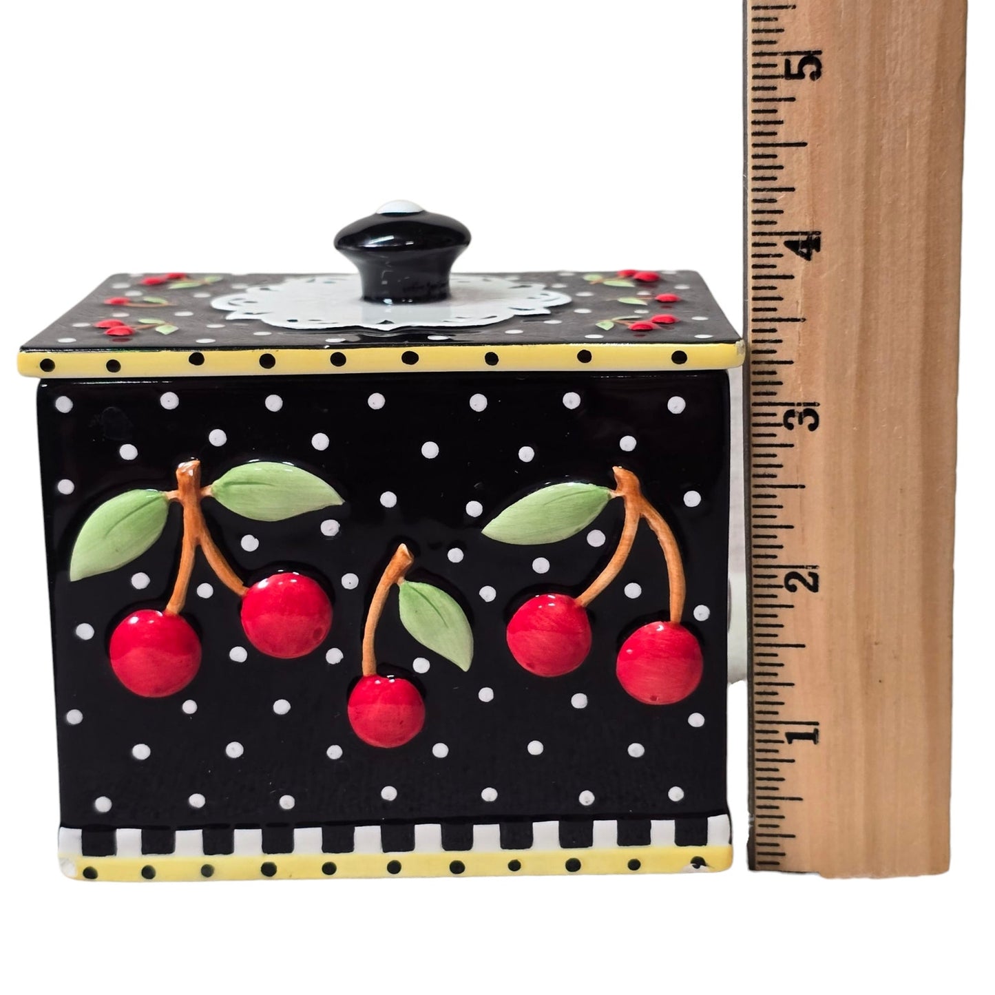 Vintage 2002 Rare Mary Engelbreit Small Cherries Ceramic Candy Box With Nob Top