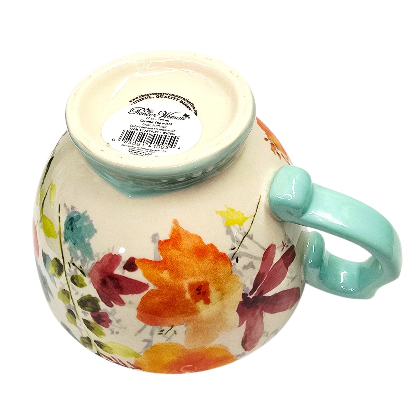 Pioneer Woman Willow 27oz Ceramic Cup Mug Floral Mint Handle Farmhouse Kitchen