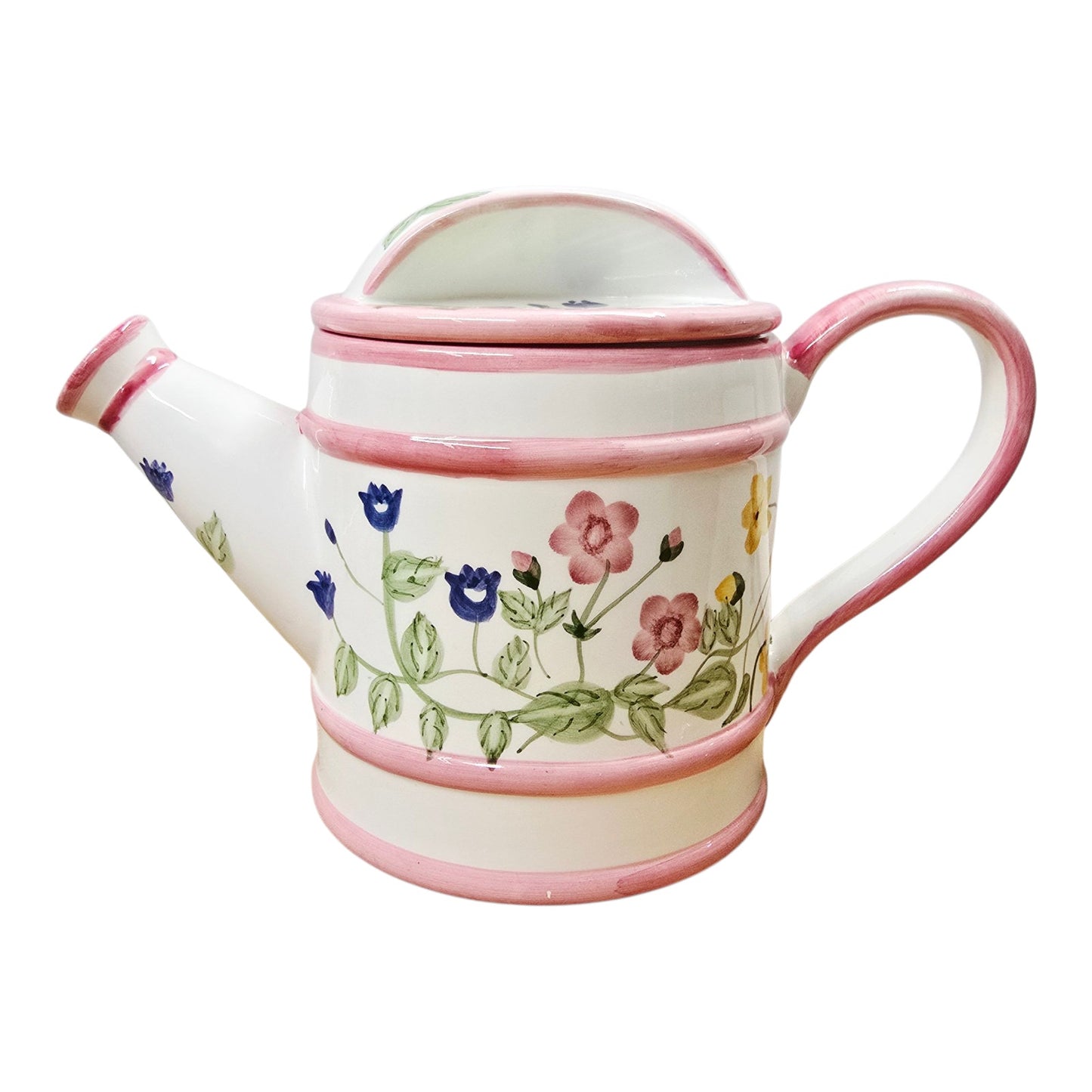 Vtg Lillian Vernon Floral Watering Can Teapot Pink Trim Ceramic Hand Painted Lid