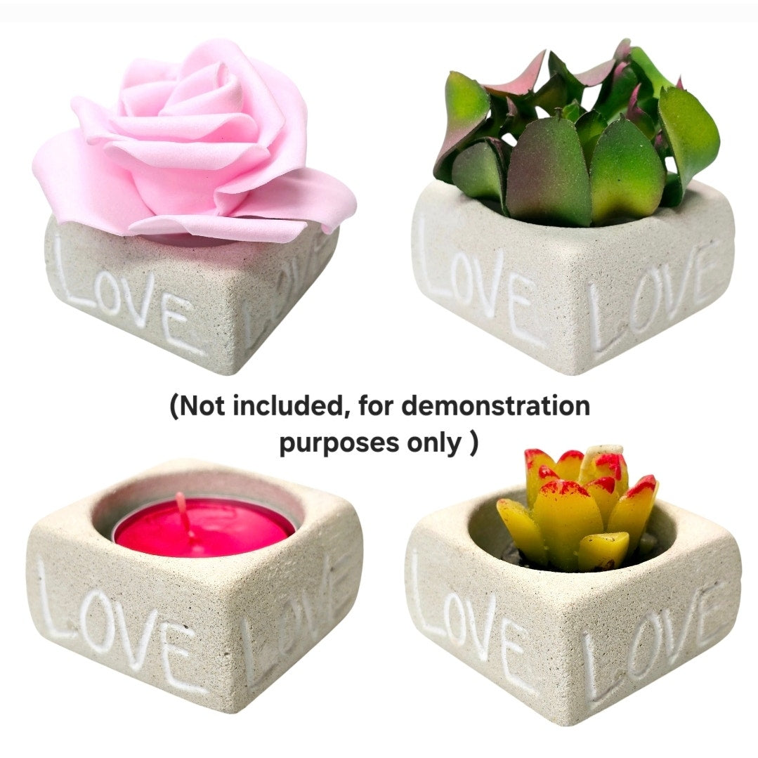 Square Stoneware LOVE Inscribed Candle Holder, ❤️ Love Tealight Small Succulent