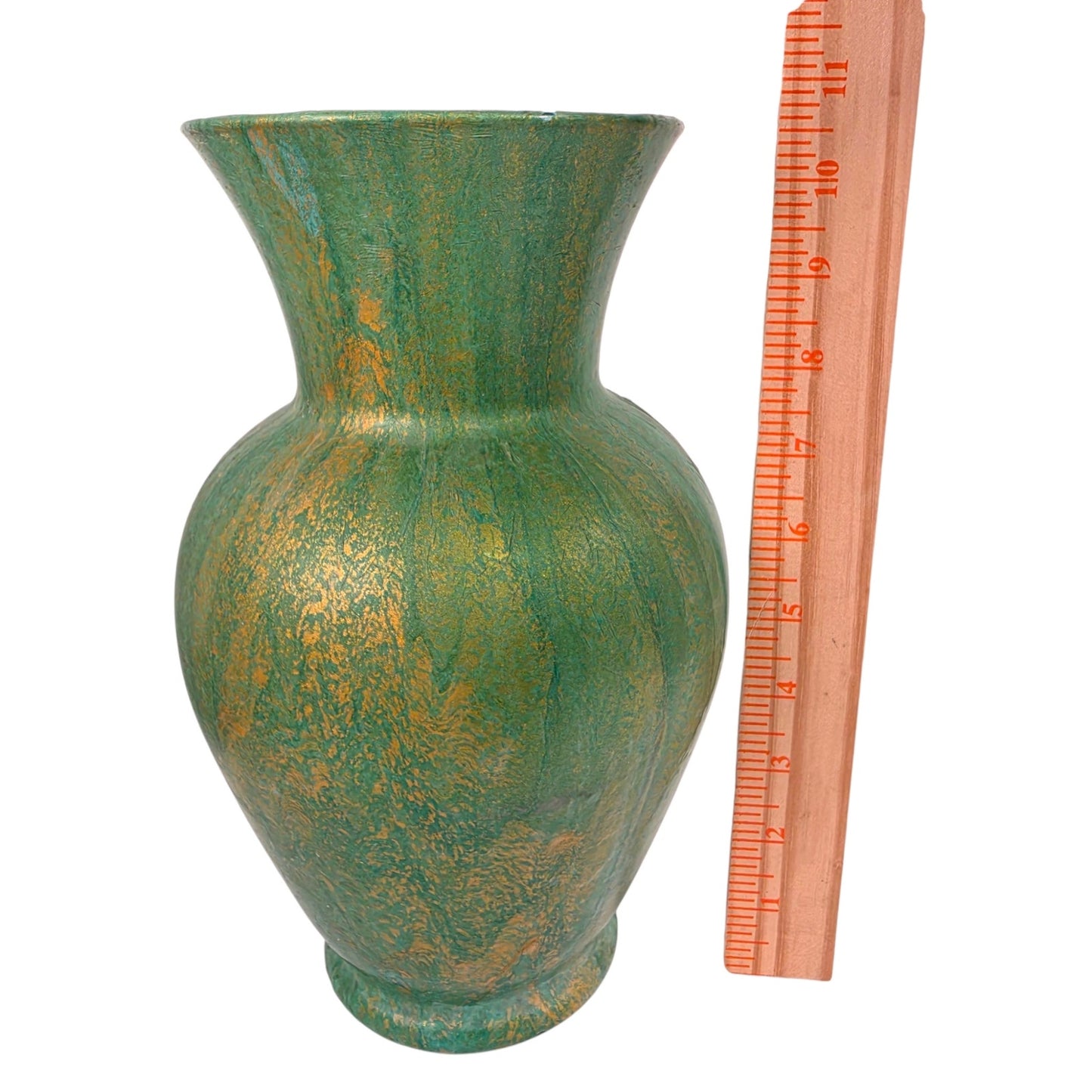 Fluid Art Glass Vase Green Gold Metallic Hand Painted Decorative Statement Piece