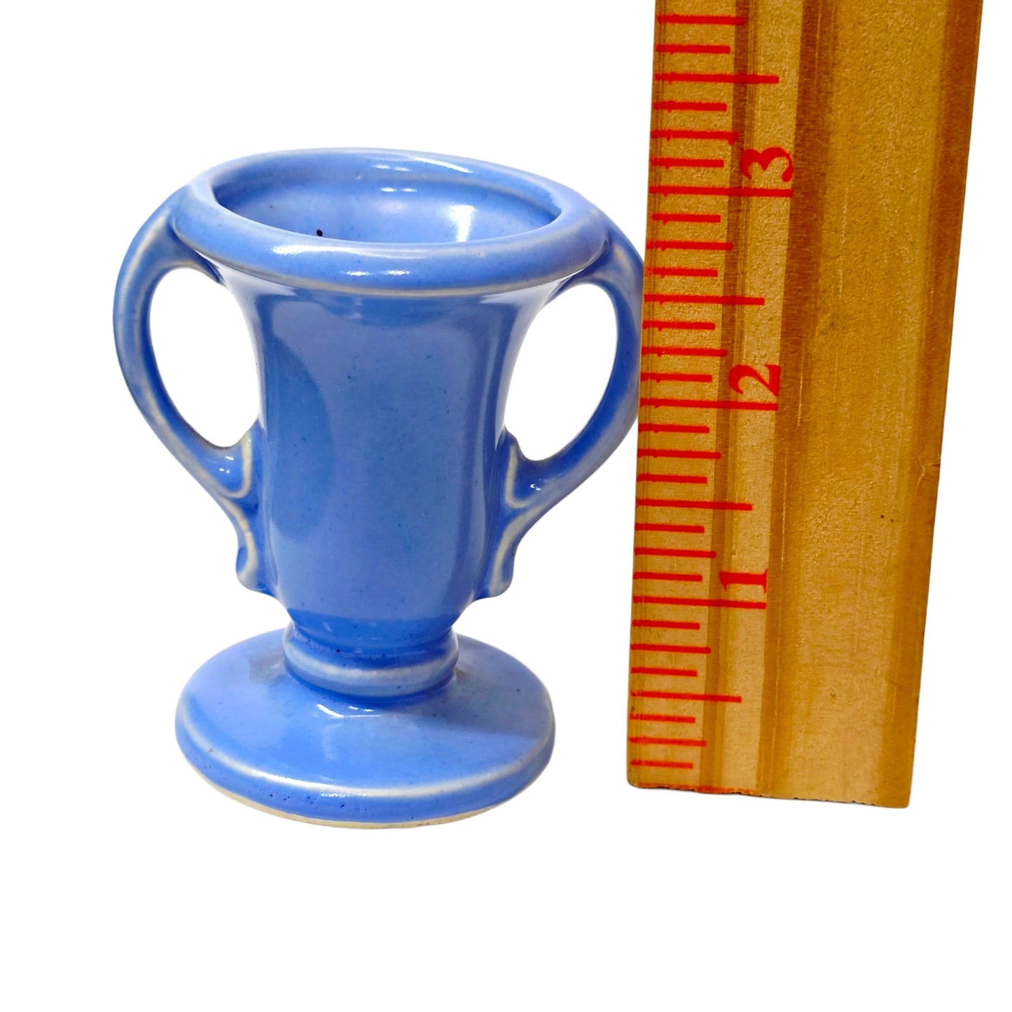 Vtg Miniature U.S.A. Pottery Periwinkle Blue Vase Double Handle Toothpick Match