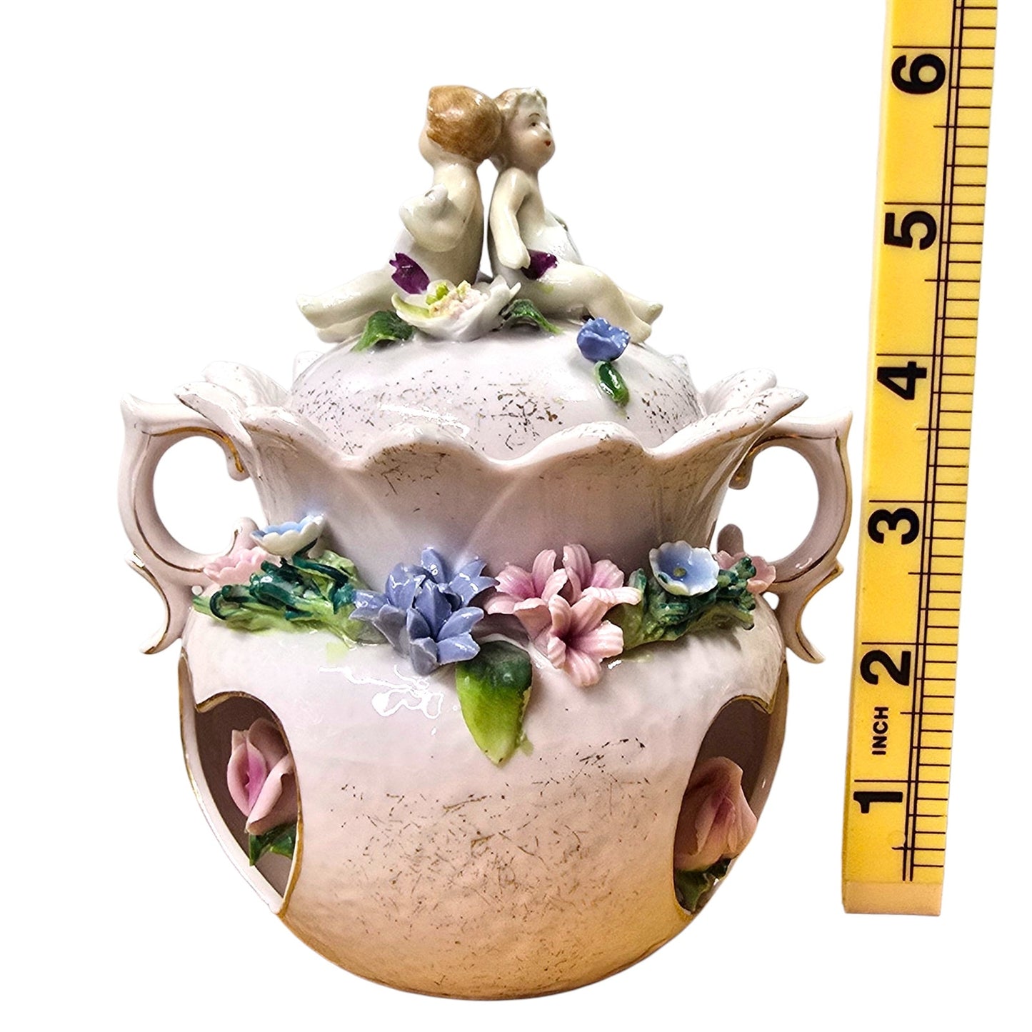 Vintage Capodimonte Style Porcelain Jar Cherub Lid Floral Applied Flowers Pink