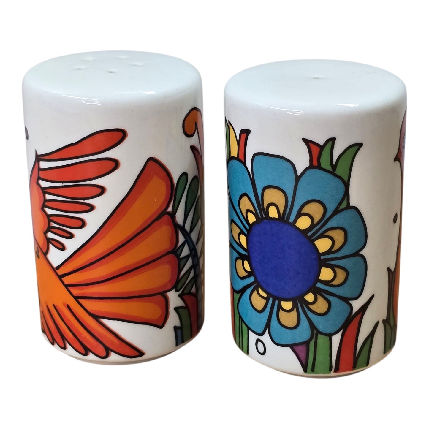 Vtg Villeroy Boch Acapulco Salt Pepper Shakers Retro Bird Flower Set Pop Art