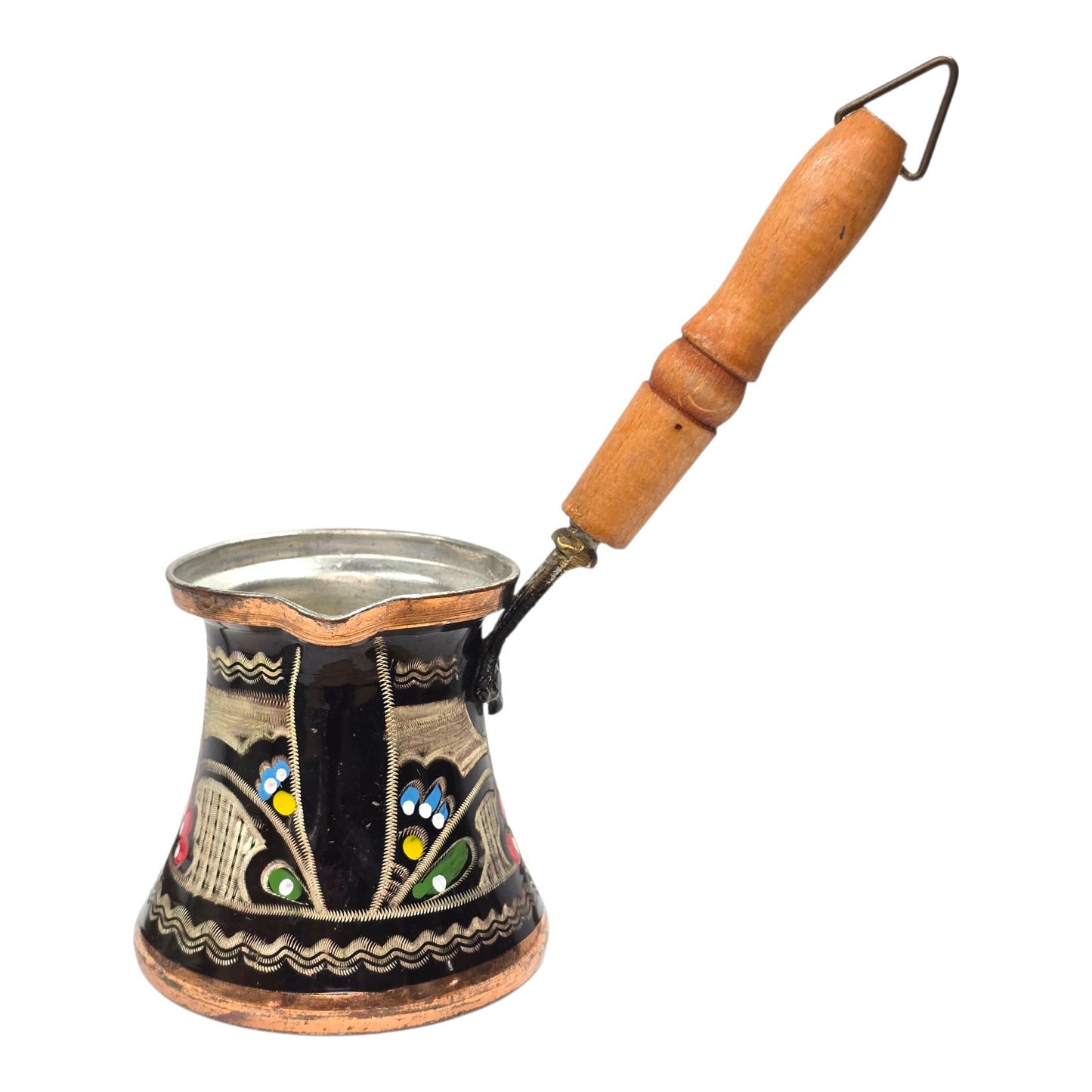 Vintage Hand Painted Copper Turkish Coffee Pot 6oz Enamel Floral Folk Art Cezve w/ Wood Handle