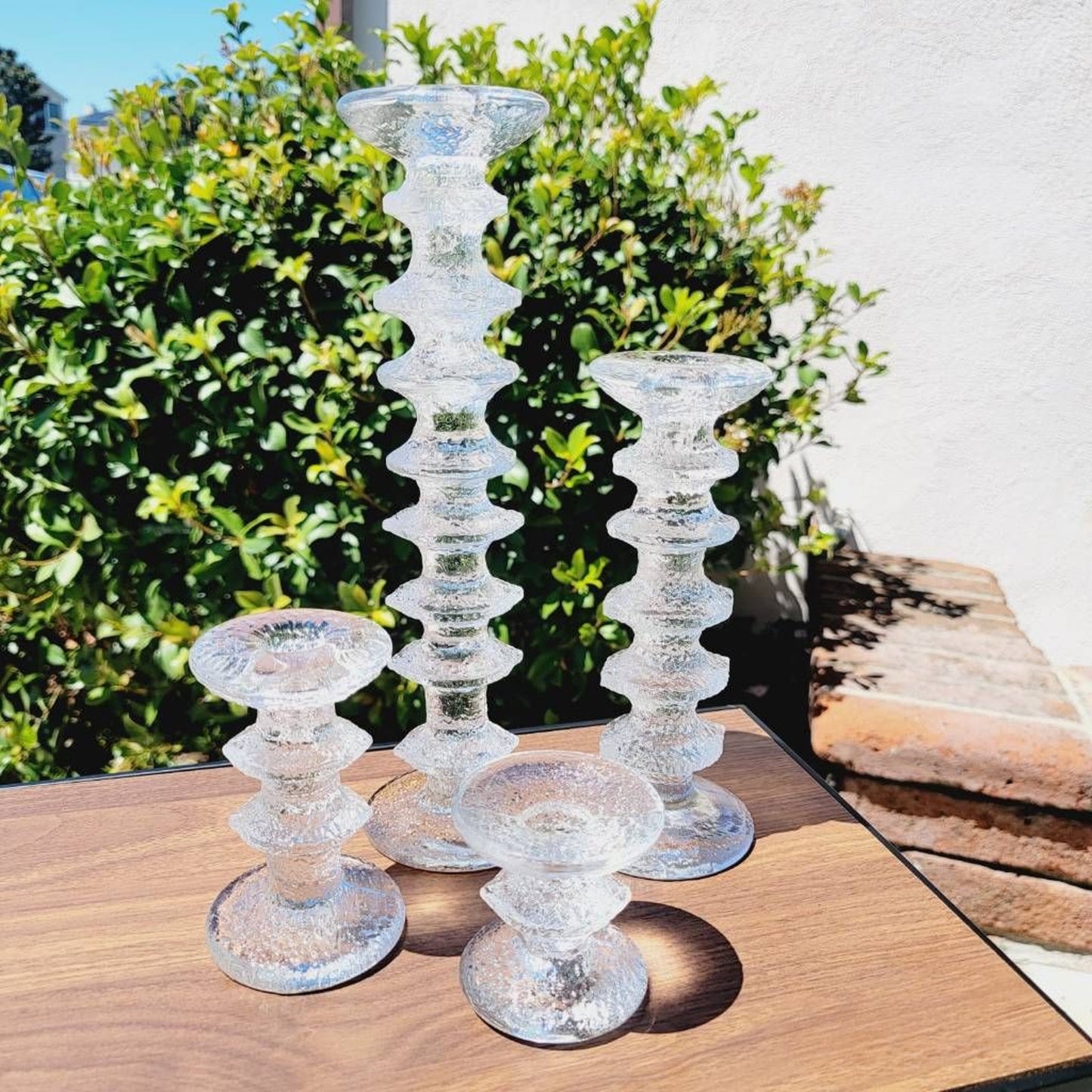 Iittala By Timo Sarpaneva Set Of 4 Candlestick Holders Ringed Pebble Art Glass Tiny Flaw