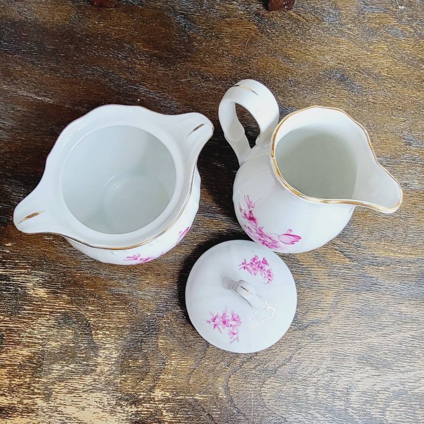 Antique Fine Bohemian China Creamer & Sugar Bowl Set White Pink Floral