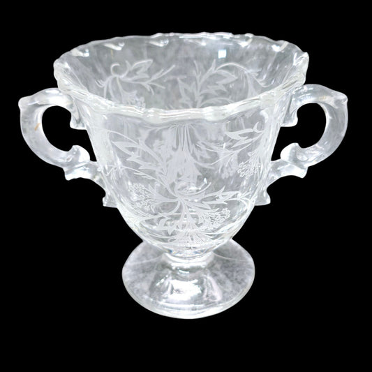 Vtg Fostoria Heather Glass Sugar Jar w/ Handles Baroque Style Floral Leaf Pattern