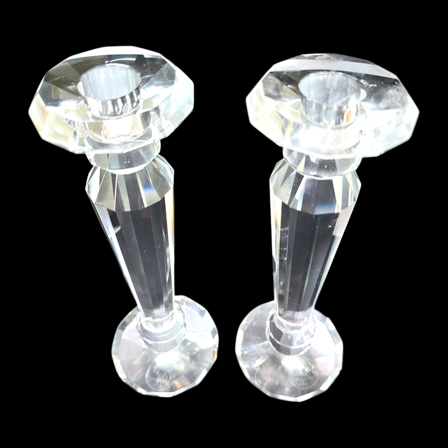 Set of 2 Oleg Cassini Crystal Pillar Candle Holders,  Flaw