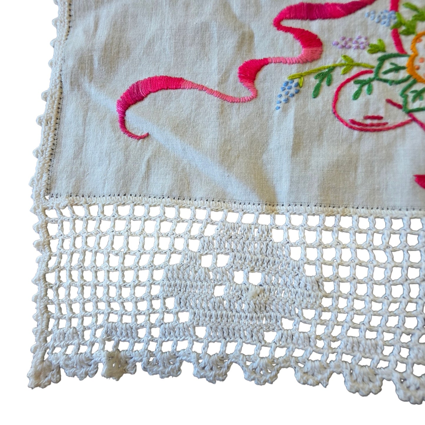 Vintage Floral Basket Embroidered Dresser Scarf Linen Runner Double Sided 32"